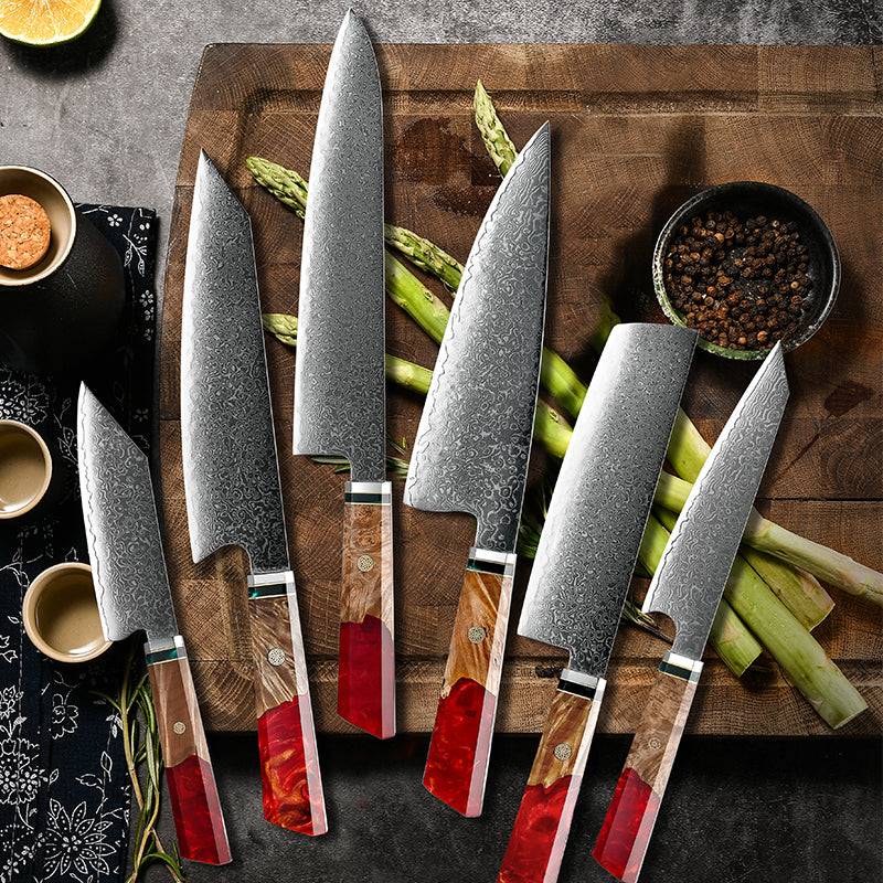 Premium 6-Piece Fury Knife Set - VG10 Damascus Steel Blades with Exotic Maple Burl Wood & Resin Handle - Perfect for Professional Chefs, Home Cooking & Outdoor Adventures