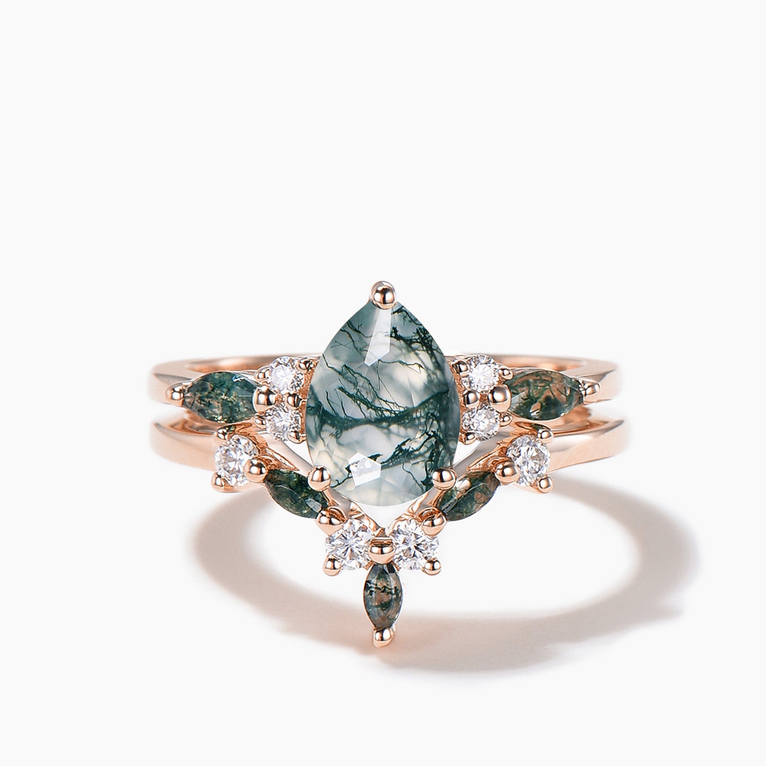 Natural Moss Agate Bridal Ring 14k Rose Gold Diamond Pear Wedding Ring – Elegant Engagement Jewelry for Brides, Nature-Inspired Wedding Band for Outdoor & Boho Ceremonies
