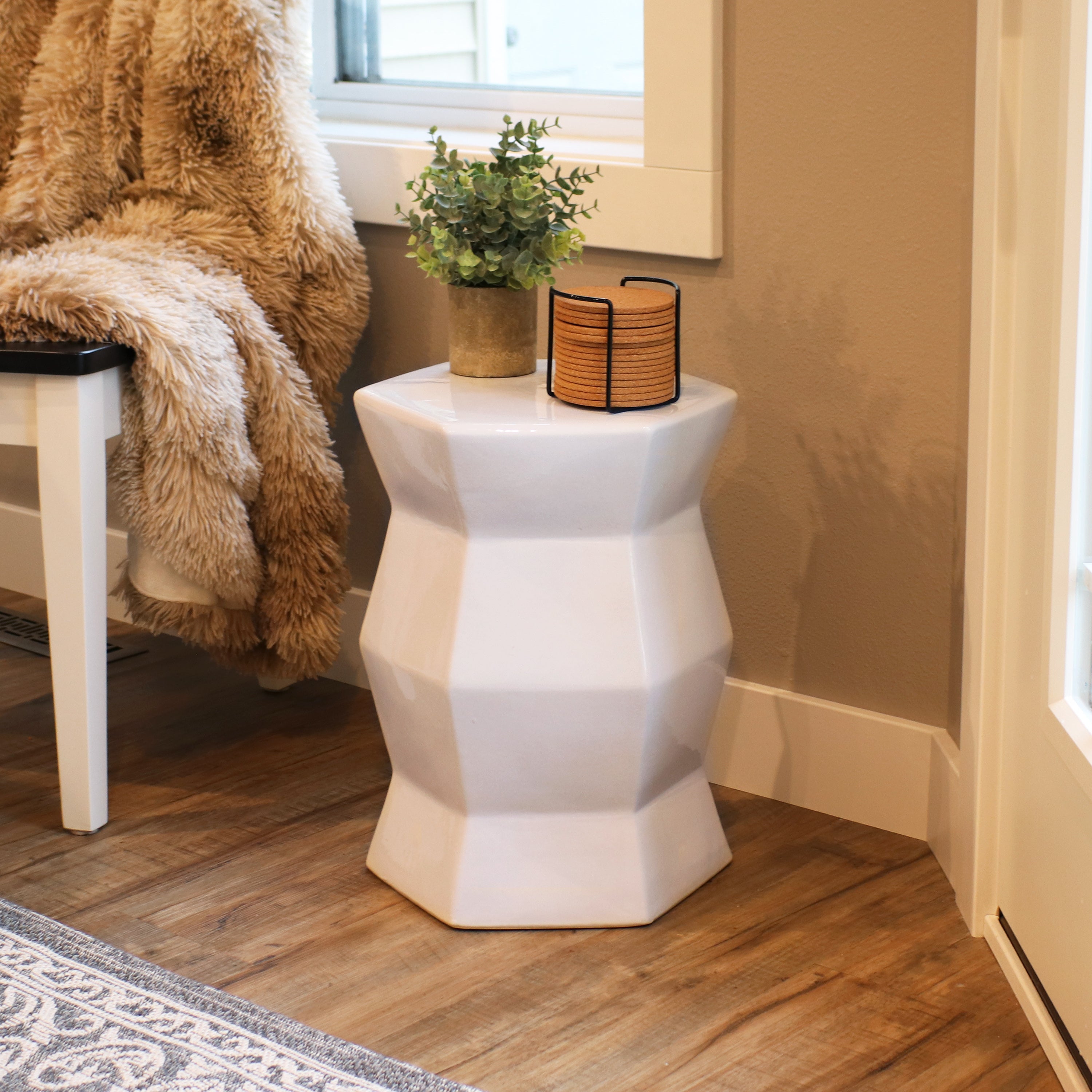 Modern Geometric Ceramic Garden Stool & Side Table - 17.25 Inch Outdoor Patio, Porch, or Balcony Decor - Handcrafted Home & Garden Accent Piece