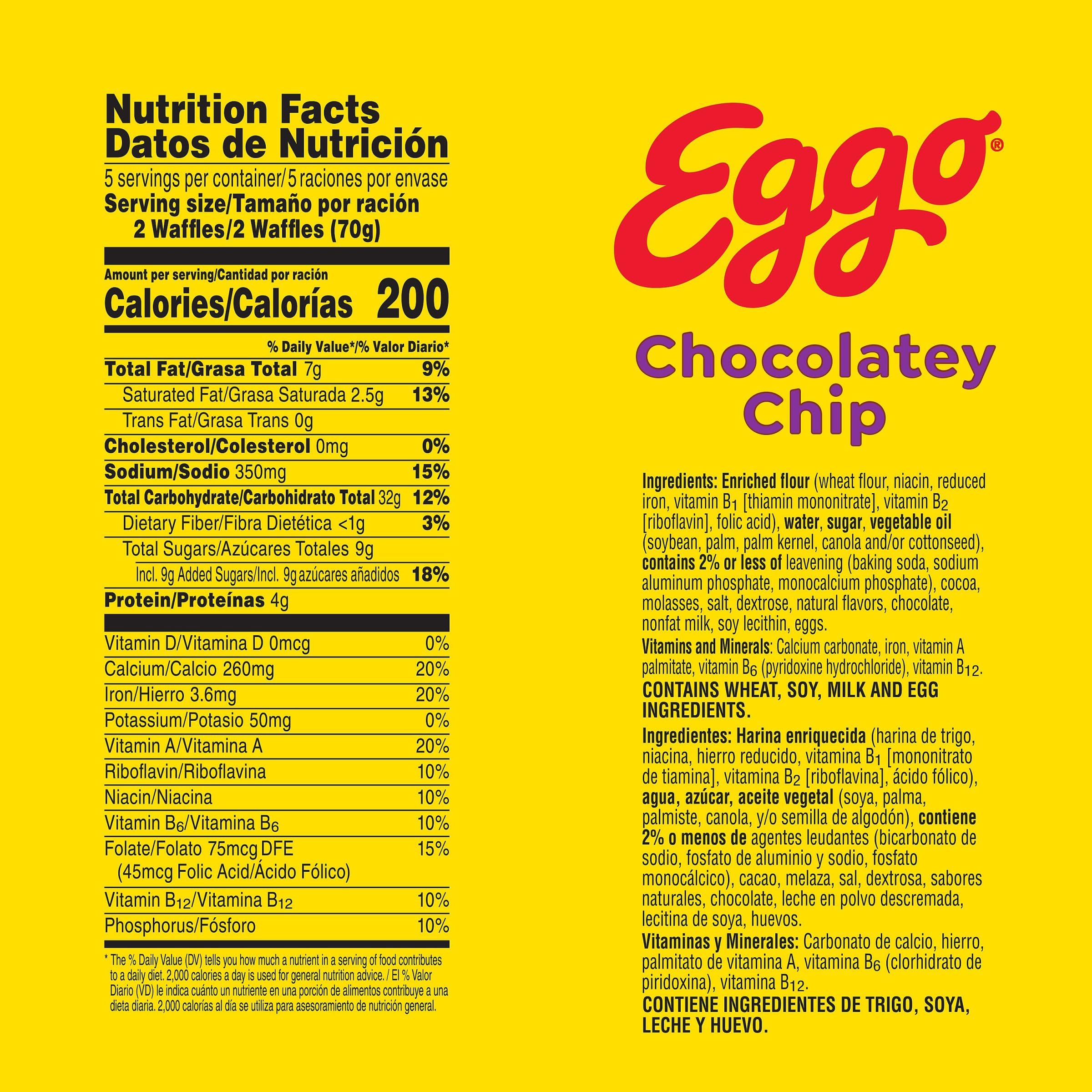 Eggo Frozen Waffles Chocolate Chip - 10 Count (12.3oz) | Quick Breakfast Food for Kids & Adults | Perfect for Busy Mornings, School Lunches & On-the-Go Snacks