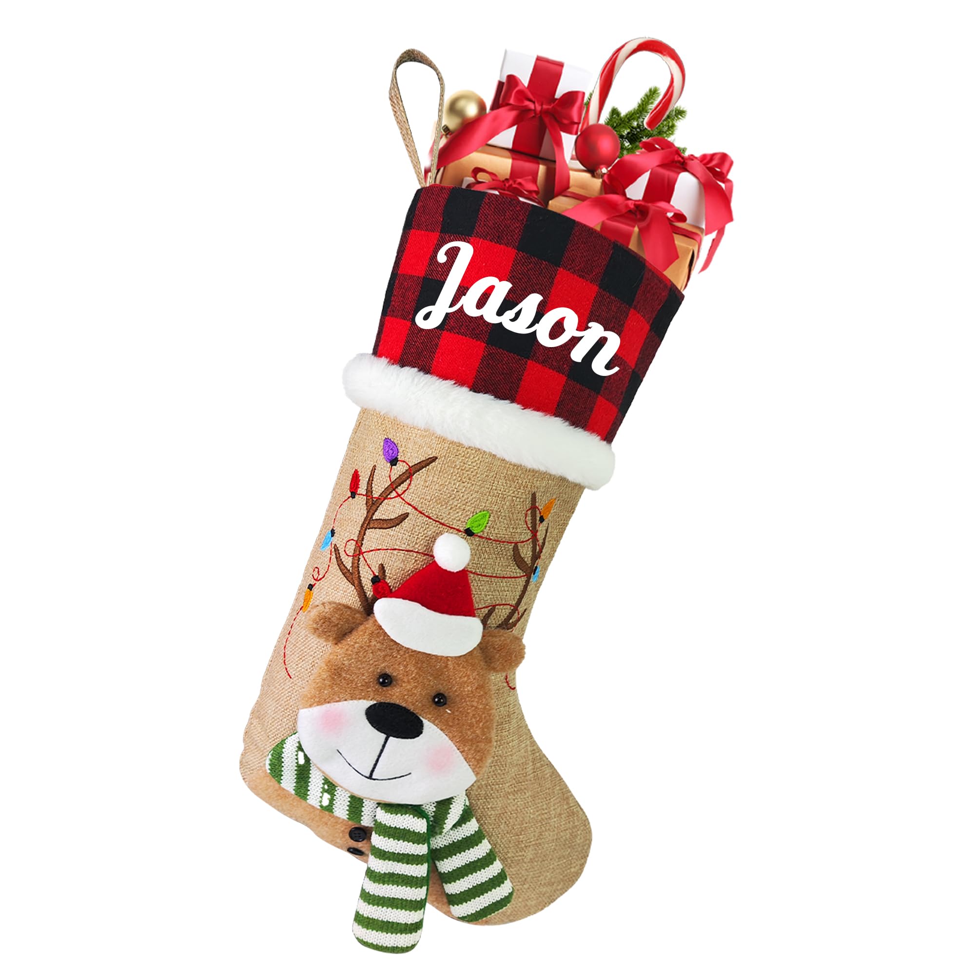 Personalized Christmas Stockings with Name - Custom Holiday Stockings for Fireplace & Tree Decor - Burlap Plaid Xmas Party Gifts for Family & Kids (3D Reindeer Design) - Perfect for Christmas Eve, Family Gatherings & Festive Home Decor