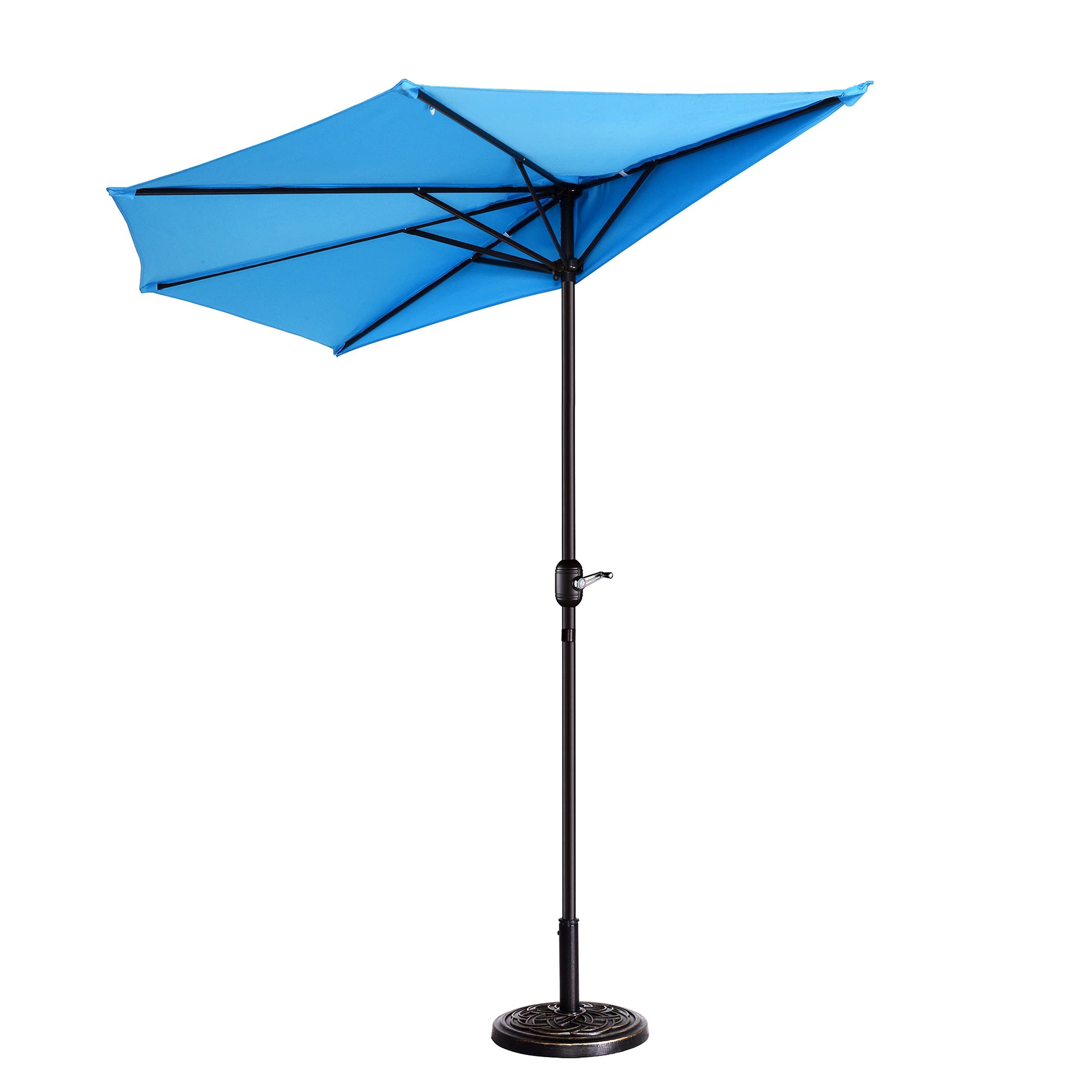 9FT Blue Half Patio Umbrella with Easy Hand Crank - Outdoor Canopy for Garden, Balcony, Condo & Townhouse - Sun Shade for Poolside, Deck, Backyard & Outdoor Dining - Villacera Patio Furniture