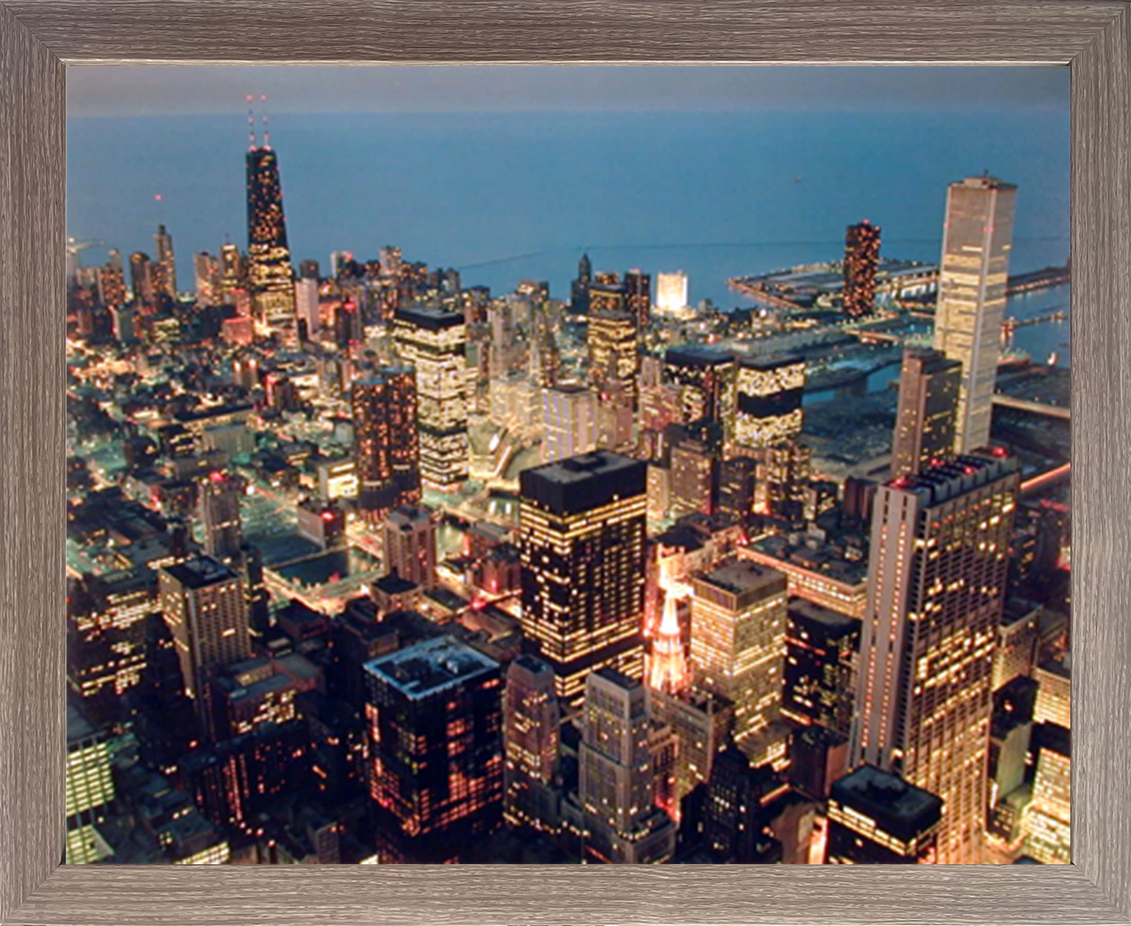 Chicago Skyline Nightscape Framed Wall Art Print - 16x20 Rustic Barnwood Picture - Perfect for Living Room, Bedroom & Office Decor