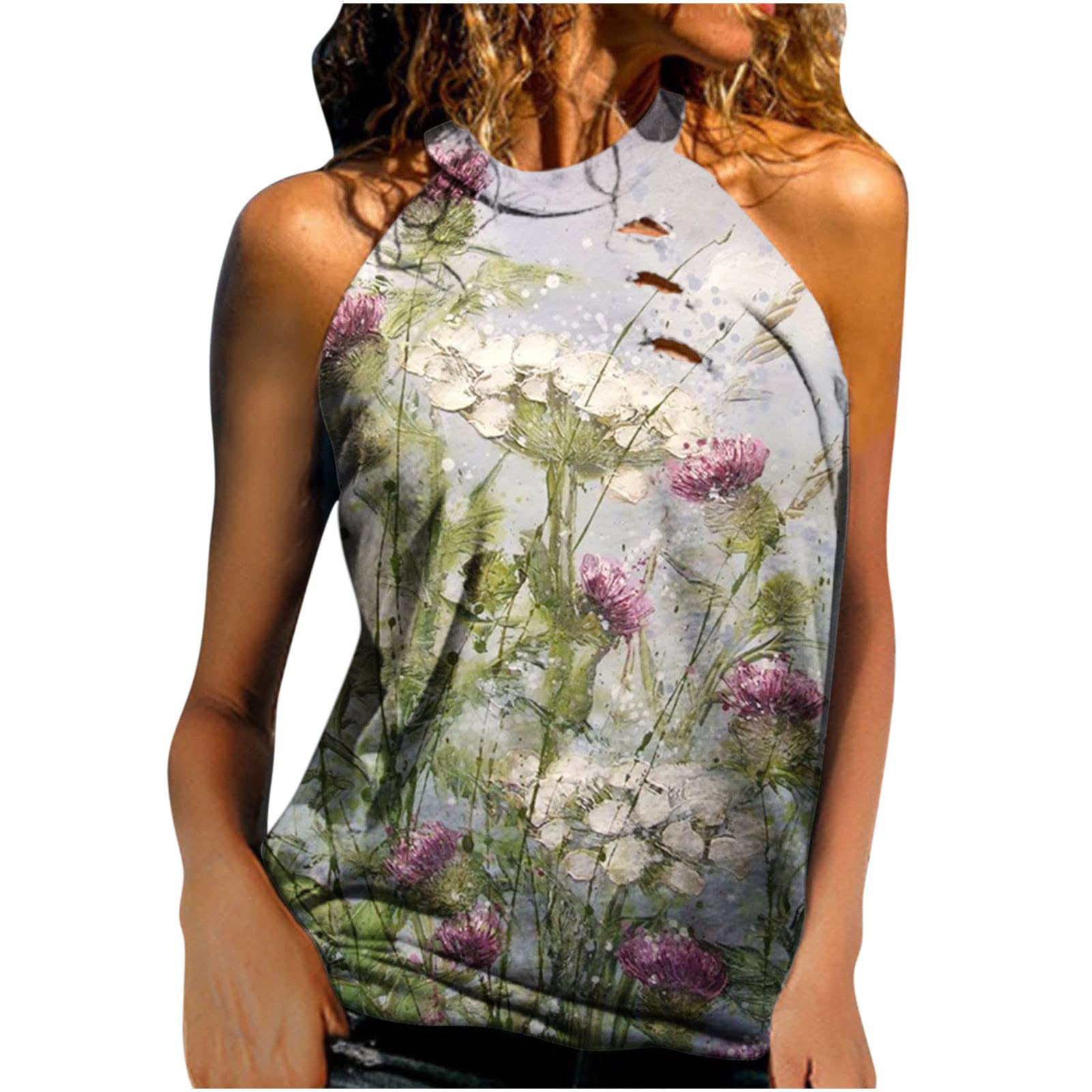 Women's Cute High Neck Summer Graphic Tank Top - Sleeveless Halter Tunic Tee & Casual Blouse - Perfect for Beach Outings, Summer Parties and Everyday Wear