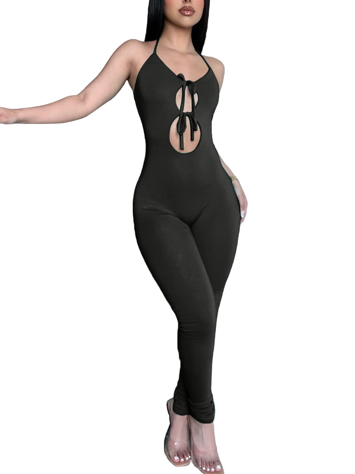 Women's Sleeveless Cut Out Jumpsuit - Skinny Long Pants Romper with Leopard Print | Clubwear, Night Out, Party Outfit, Casual Summer Fashion