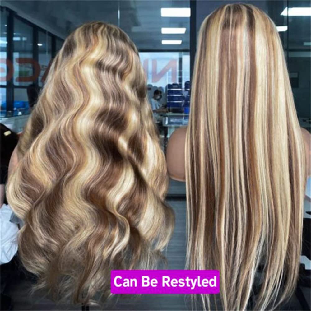 Ombre Blonde & Brown Highlight 20 Inch Human Hair Lace Front Wig - 5x5 Straight Lace Closure Wig for Black Women - Perfect for Daily Wear, Cosplay, and Special Occasions