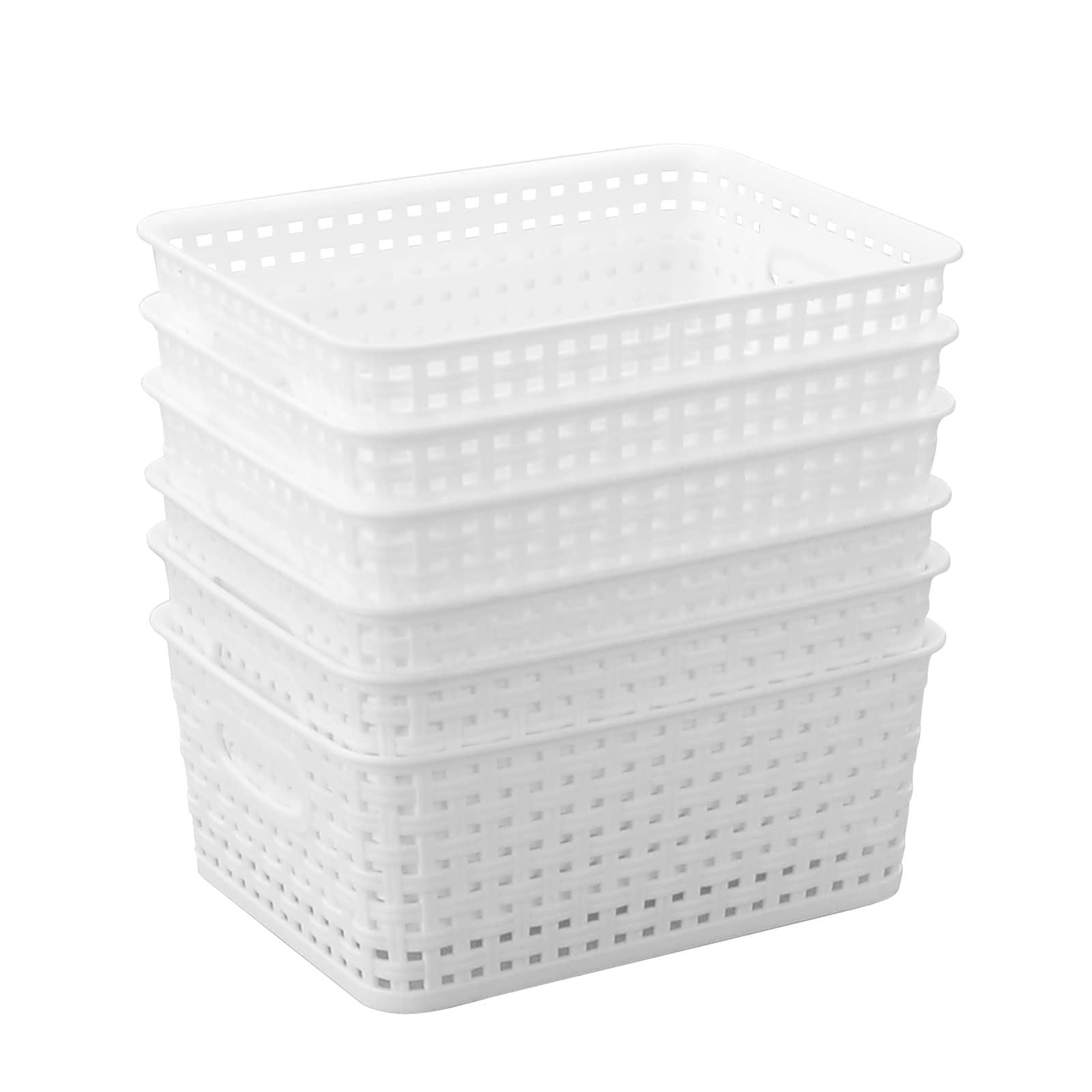 6-Pack White Plastic Storage Baskets - Pantry Organizer for Home & Office