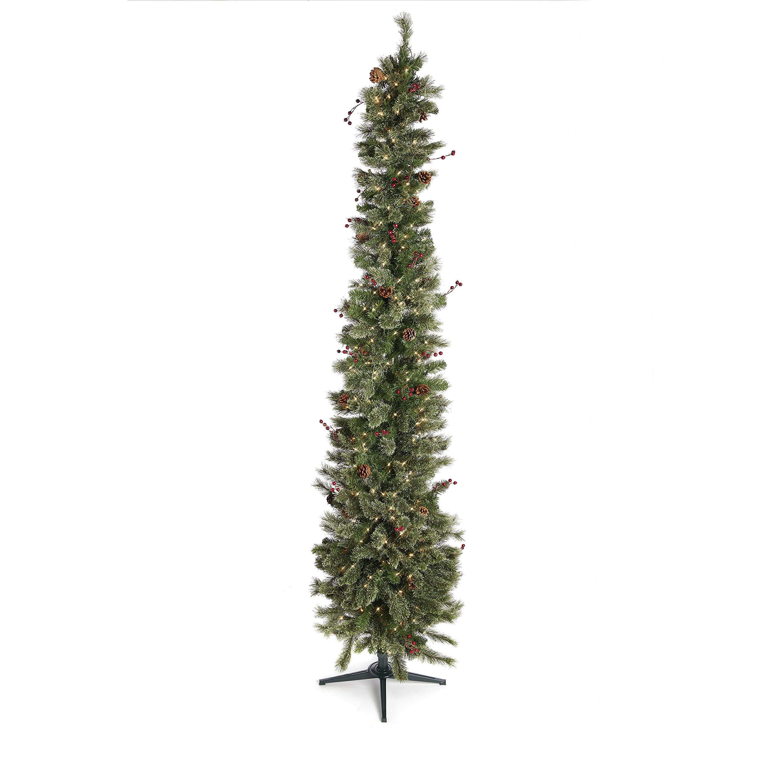 Home Heritage Stanley 9ft Pre-Lit Artificial Christmas Tree with 500 White Incandescent Lights, Pinecones & Berries - 505 PVC Tips & Stand Included | Perfect for Living Room, Office & Holiday Decor