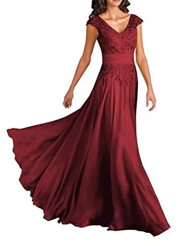 Elegant Short Sleeve Lace V-Neck Chiffon Mother of The Bride Dress - Formal Wedding Guest Evening Gown for Special Occasions, Parties & Celebrations
