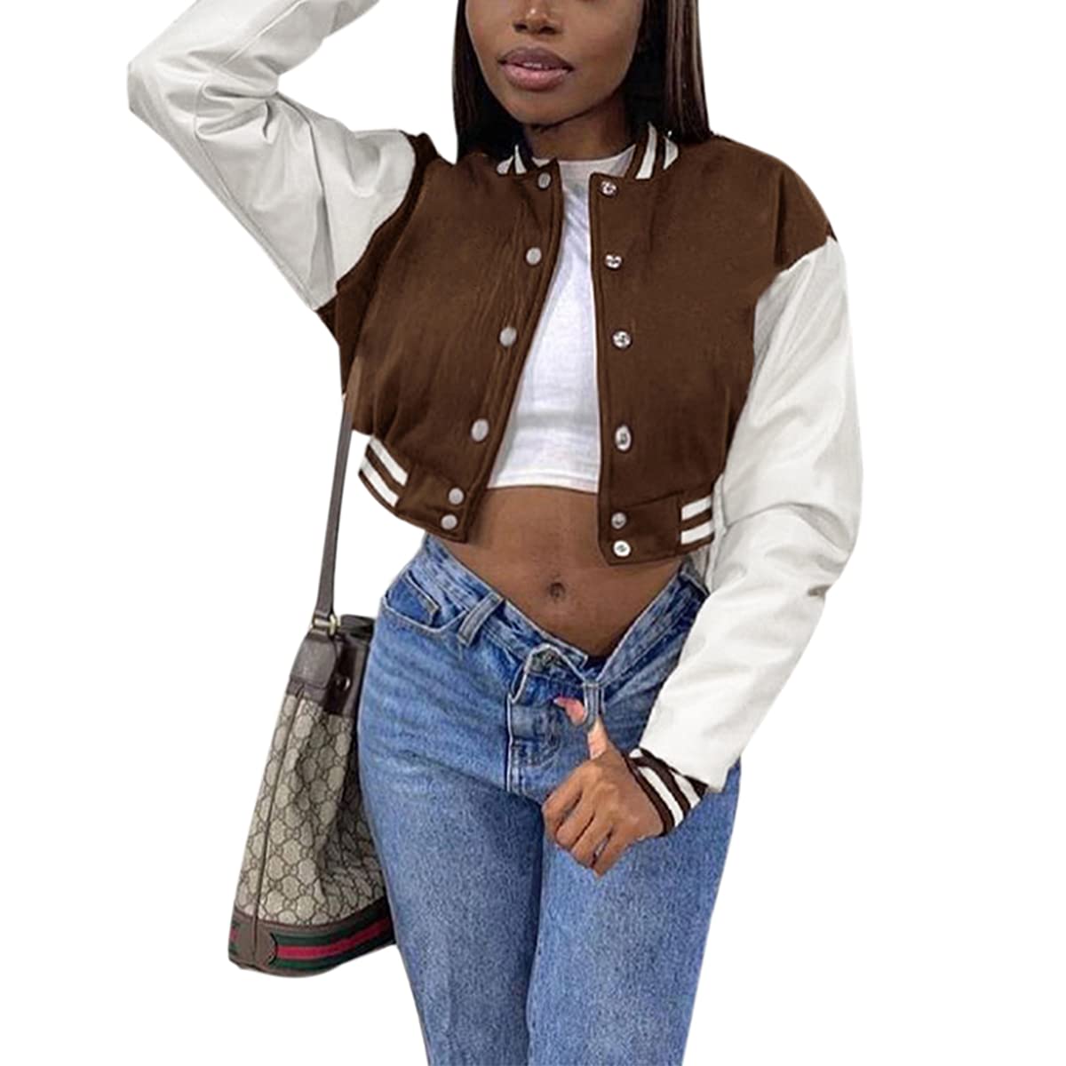 KIRJAUDU Women's Colorblock Patchwork Varsity Baseball Jacket - PU Leather Sleeve Cropped Bomber Coat for Casual Wear, Street Style & College Fashion