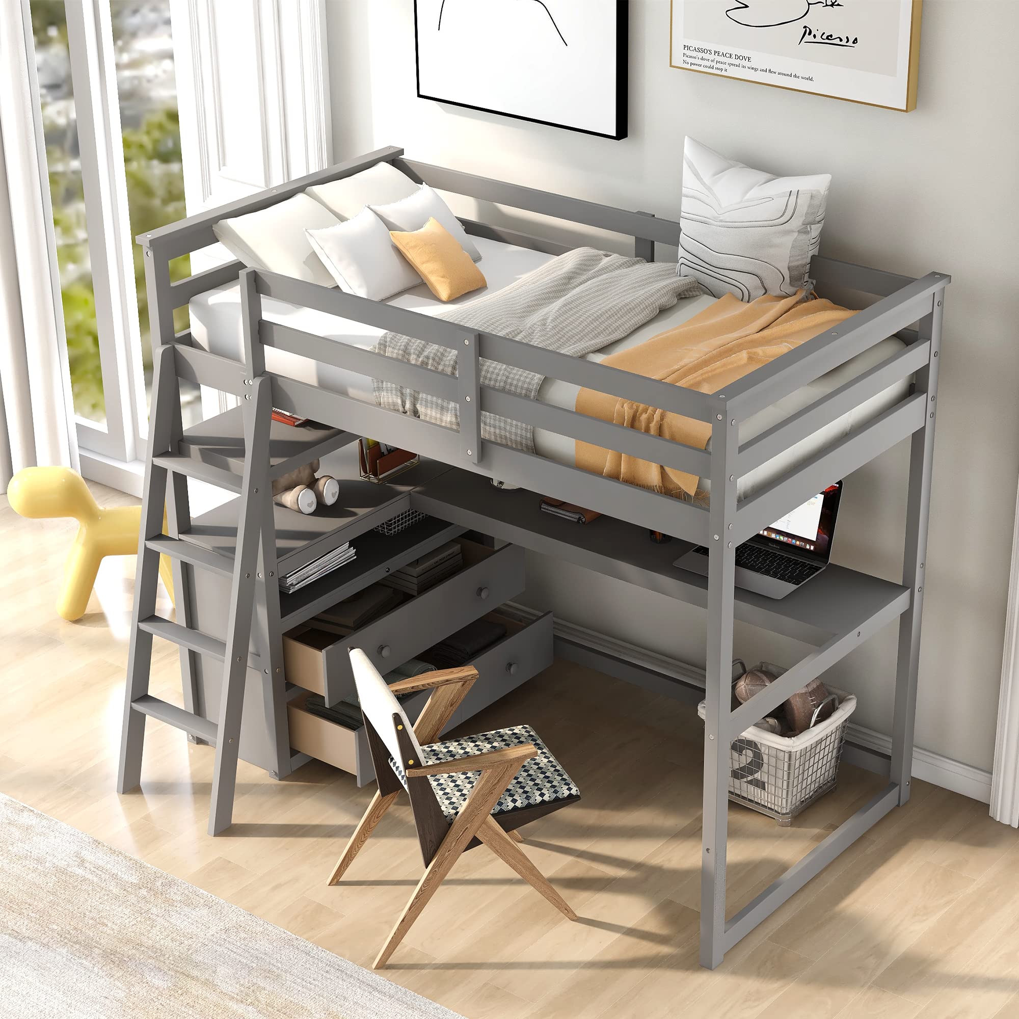 Harper & Bright Designs Twin Size Loft Bed with Desk & Shelves for Kids - Space Saving Study Bed with 2 Built-in Drawers, Gray - Perfect for Small Bedrooms, Dorm Rooms & Kids Study Areas
