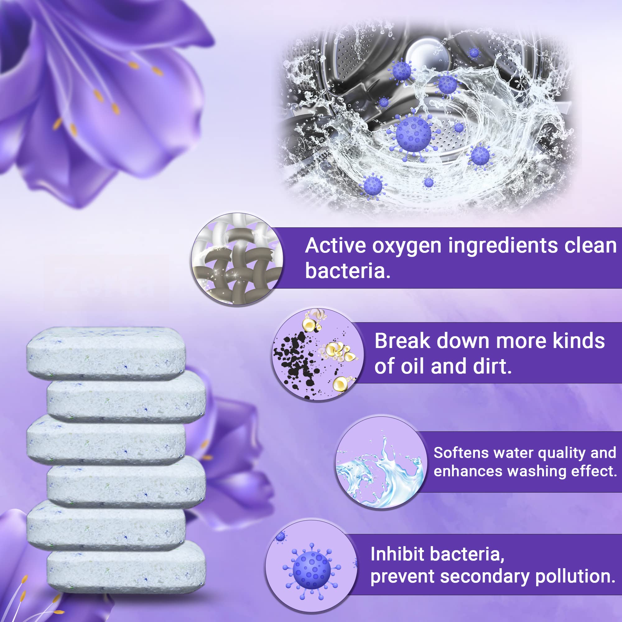 Zerfa 12-Pack Lavender Scented Washing Machine Cleaner Tablets - Deep Clean & Descaling for Front & Top Load Washers - Removes Stains & Odors - Perfect for Laundry Refresh & Appliance Maintenance