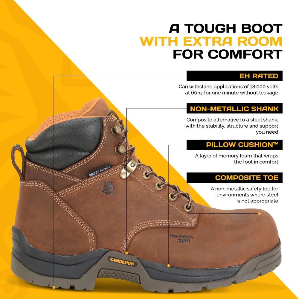 Carolina Bruno Lo 6 Inch Composite Toe Waterproof Work Boots for Men - Cushion Insole, AG7 Footbed, Oil & Slip Resistant Rubber Outsole, EH Rated Safety Shoes | Ideal for Construction, Warehouse & Outdoor Work