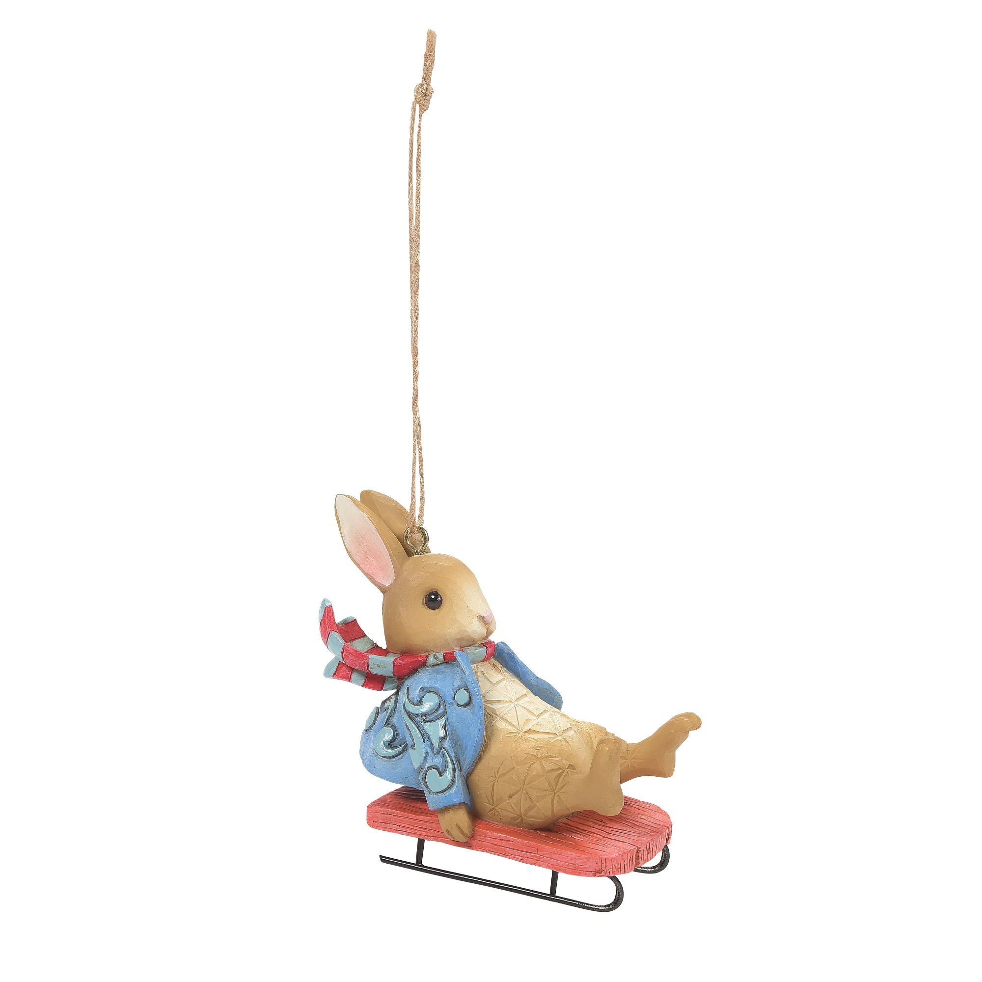 Peter Rabbit Sledging Christmas Ornament - Handmade Ceramic Holiday Tree Decoration for Xmas, Winter Home Decor & Gift Giving