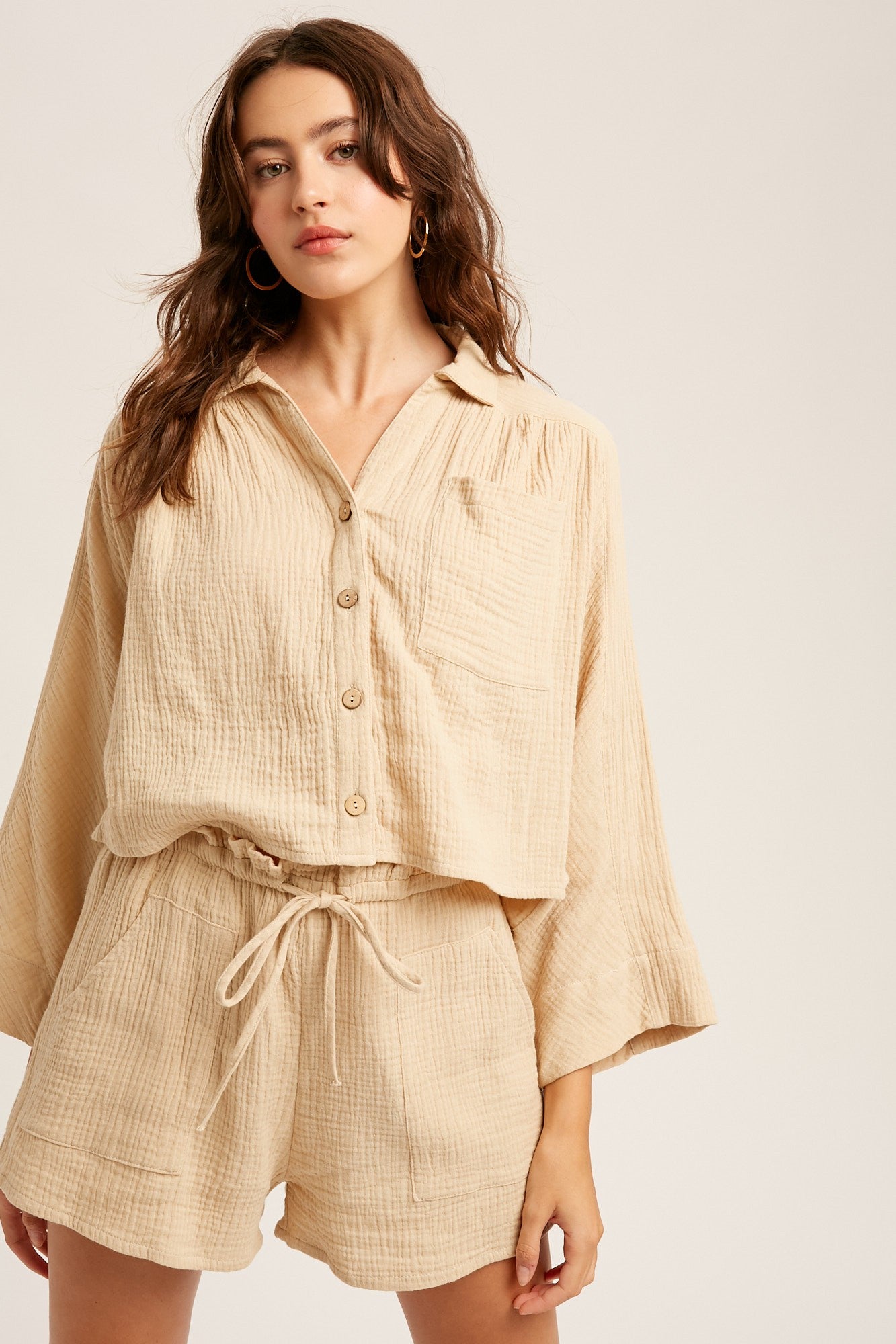 Beige Button Down Crop Top and Shorts Set - Women's Casual Summer Outfit for Beach, Travel & Street Style
