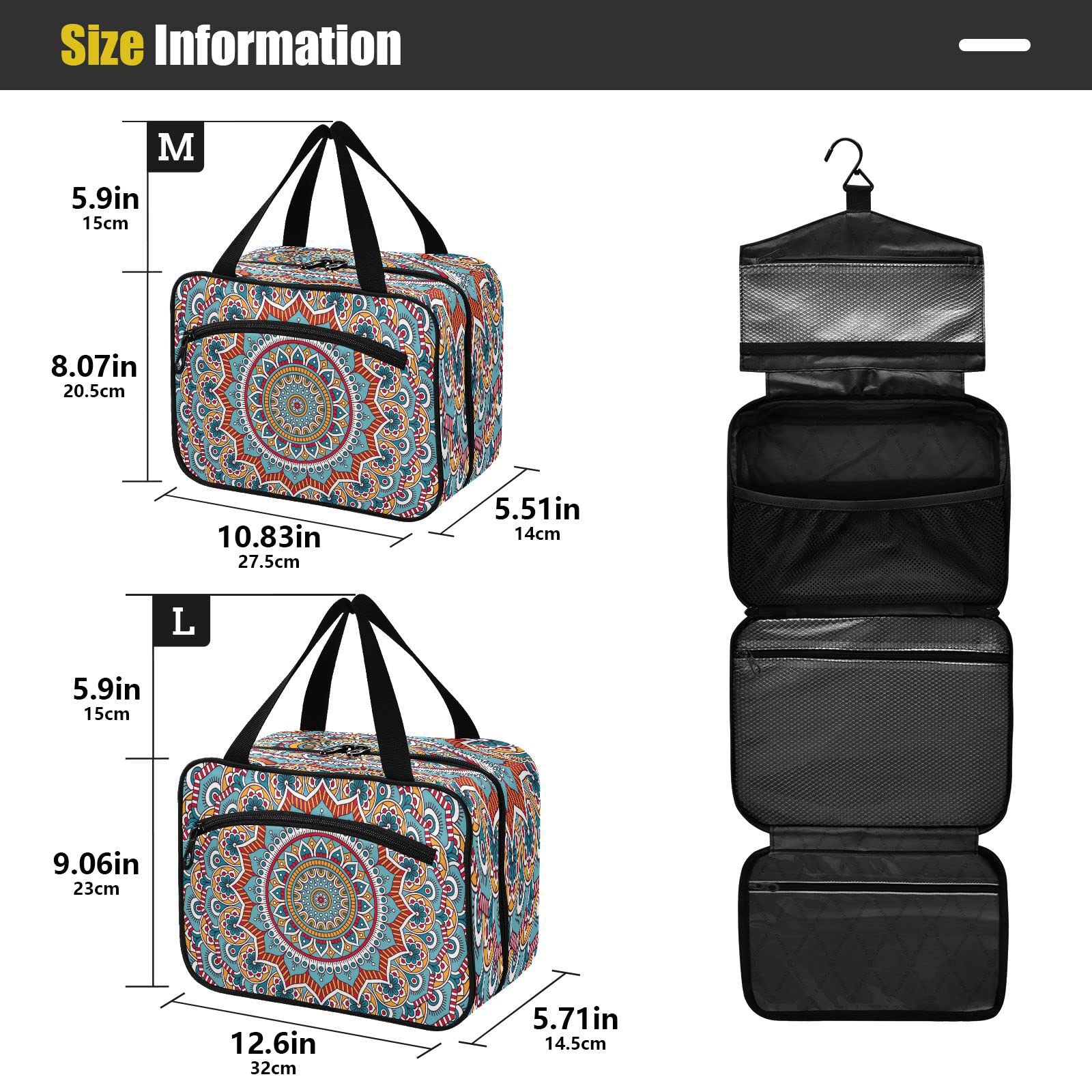 Waterproof Hanging Toiletry Bag for Women - Large Mandala Flower Cosmetic Organizer with Multiple Pockets | Travel Makeup Case for Girls, Perfect for Camping, Gym & Vacation