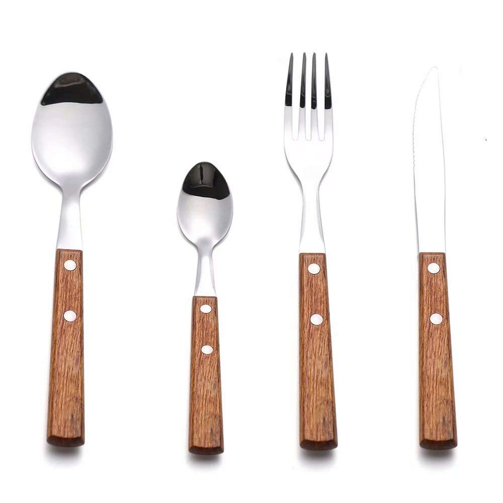 Premium 8-Piece Wooden Handle Flatware Set - 2 Sets of 18/8 Stainless Steel Cutlery with Forks, Spoons & Dinner Knives | Elegant Silverware for Dining, Kitchen & Gift Giving | Durable Wooden Utensils for Restaurants, Home & Outdoor Use