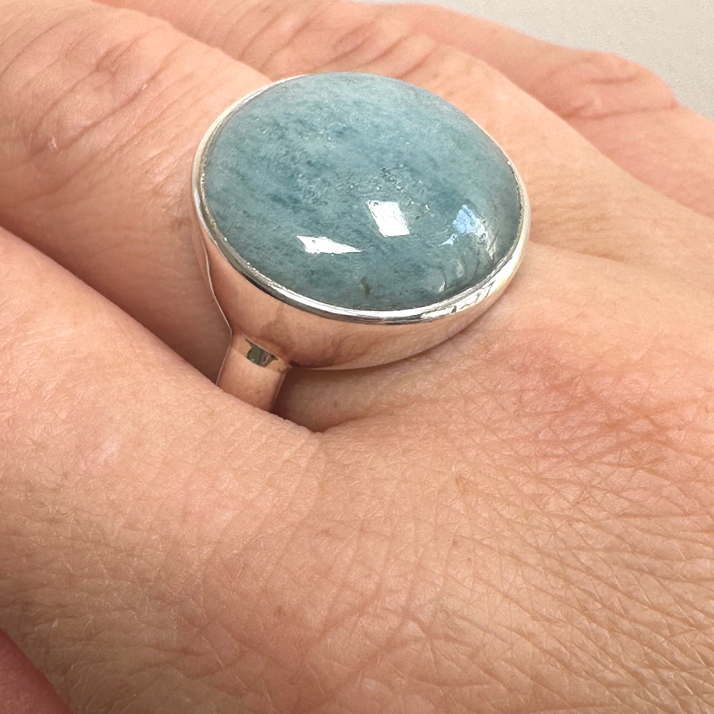 Natural Aquamarine Round Cabochon Ring - Size 12 (India Origin) - Handmade Sterling Silver Jewelry for Women - Perfect for Weddings, Anniversaries & Special Occasions
