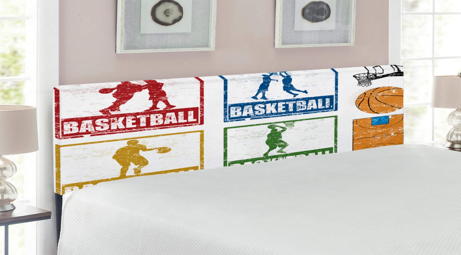 Ambesonne Vintage Basketball Headboard - Upholstered King Size Bed Frame with Memory Foam, Navy Green & Red Rubber Stamp Design - Perfect for Sports Themed Bedrooms & Man Caves