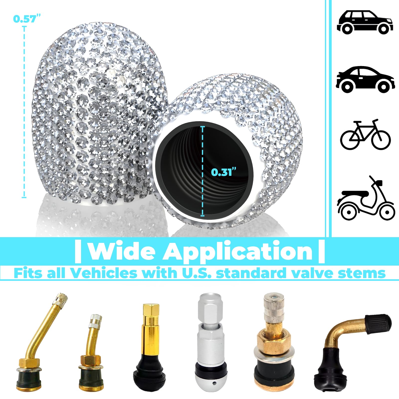 4Pcs Bling Tire Valve Caps - Pink Crystal Diamond for Women, Car Accessories