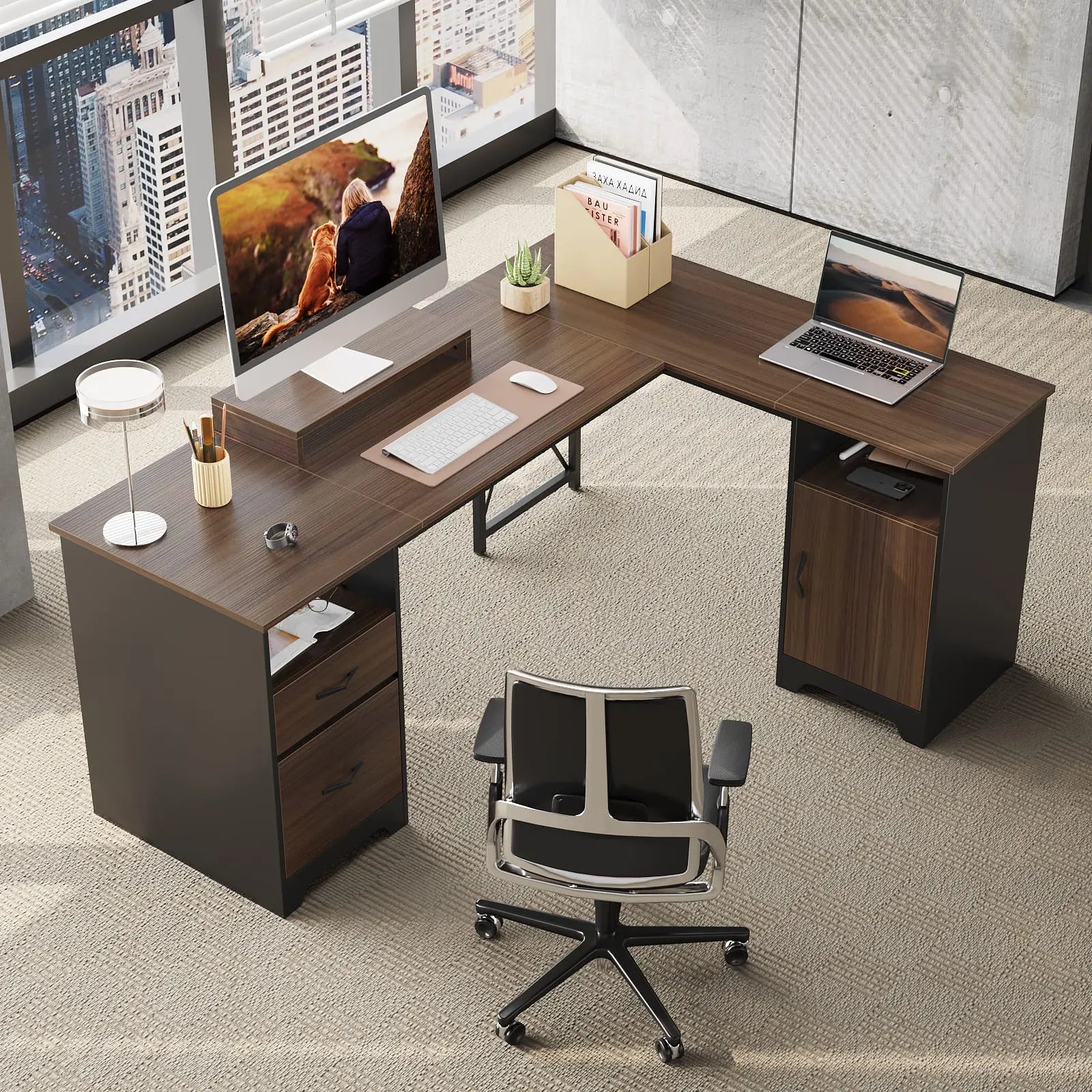 Bestier L-Shaped Computer Desk with File Drawers - Home Office Workstation for Gaming & Study, Space-Saving Corner Desk with Storage