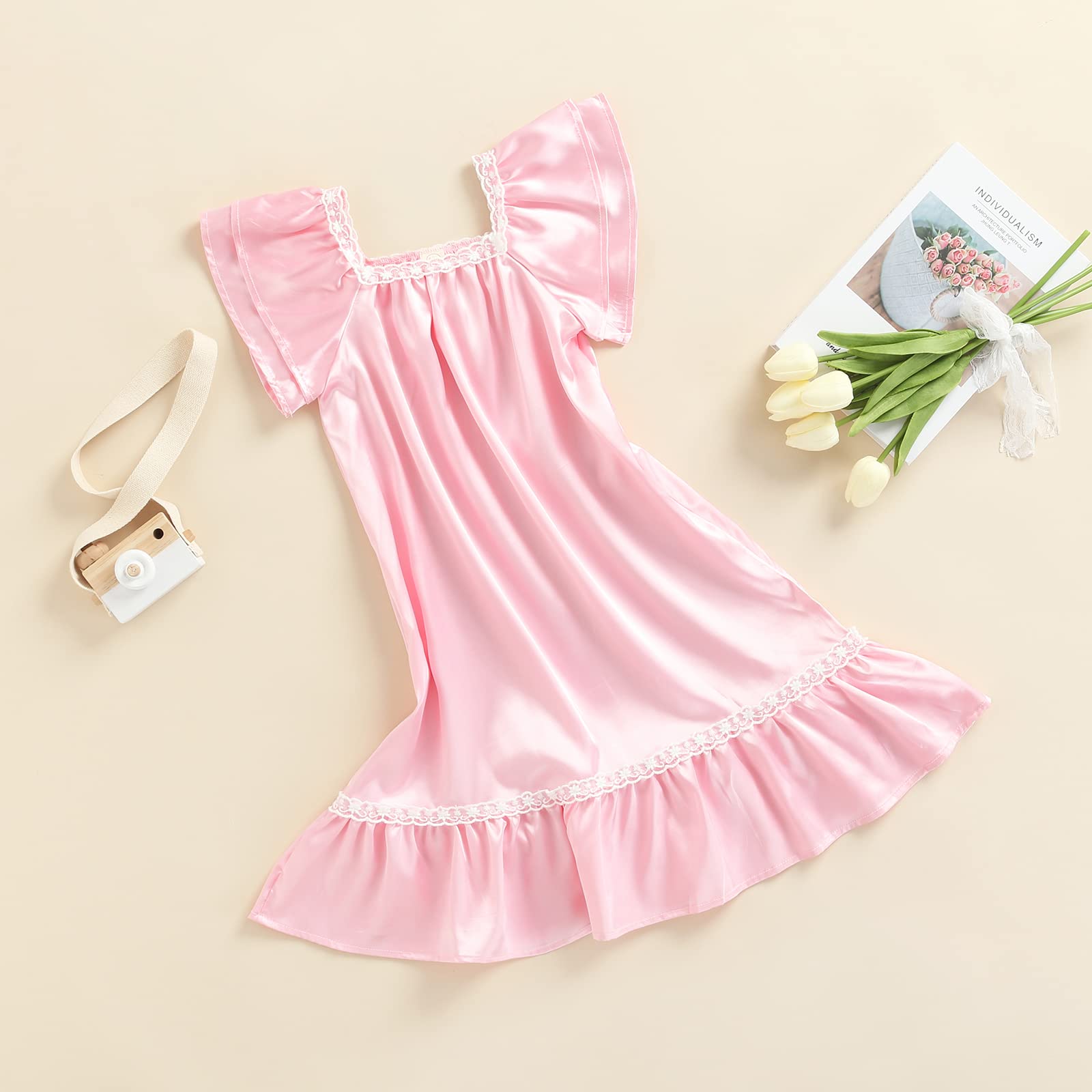 Qiylii Princess Silk Nightgown for Baby Girls - Ruffle Short Sleeve Satin Nightdress & Sleepwear Outfit - Perfect for Bedtime, Special Occasions & Photo Shoots