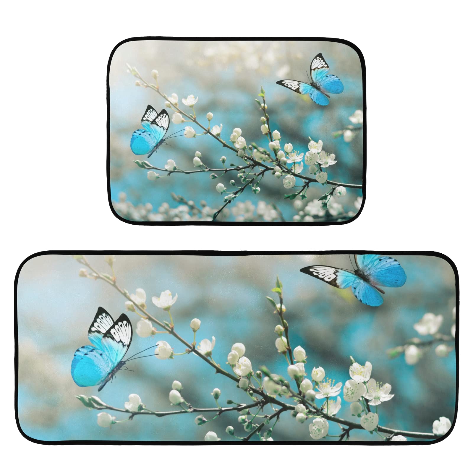 Cherry Blossom Butterfly Non-Slip Kitchen Rugs Set of 2 - Cushioned Anti-Fatigue Floor Mats for Standing Comfort, Washable Farmhouse Decor for Kitchen, Laundry & Entryway - Perfect for Home, Office & High-Traffic Areas