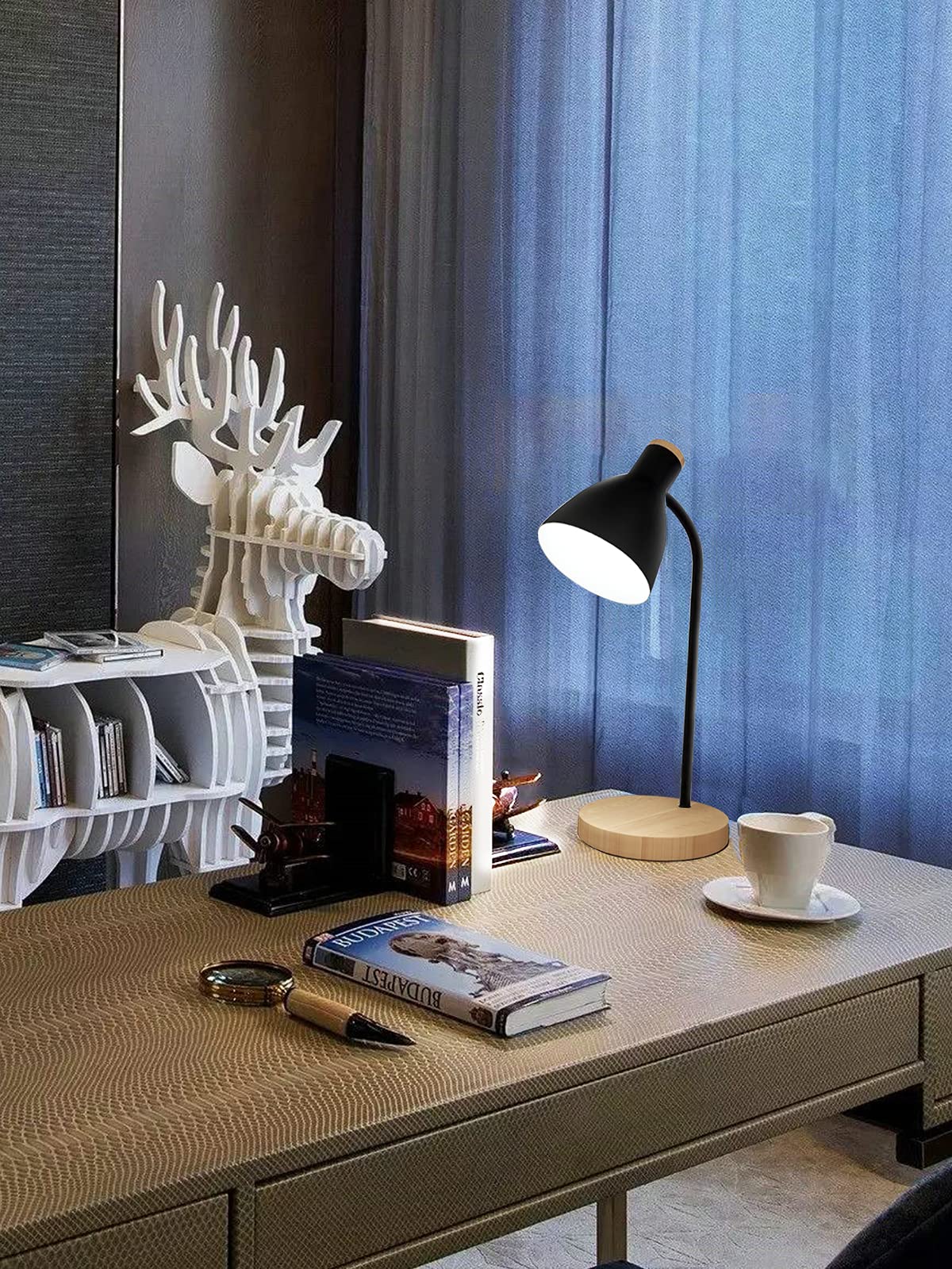 Adjustable Metal Arc Desk Lamp with Wood Base - Flexible Gooseneck Reading Light for Bedroom, Study Room & Office - Perfect for Night Reading, Working & Home Decor (Wood Base+Black)
