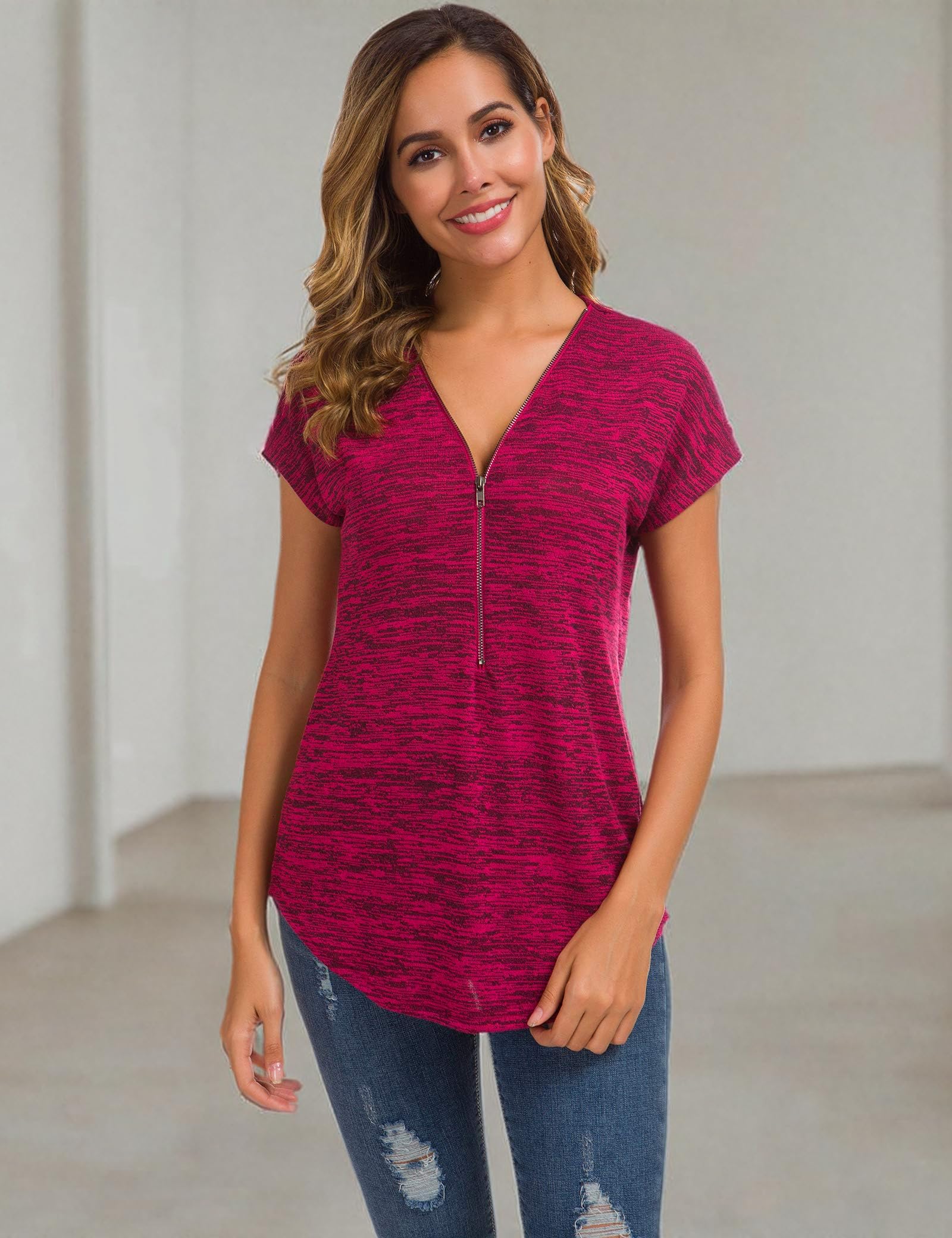 LUSMAY Women's Casual V-Neck Short Sleeve Tunic Top - Loose Fit Zipper Blouse for Summer | Perfect for Work, Travel & Everyday Wear