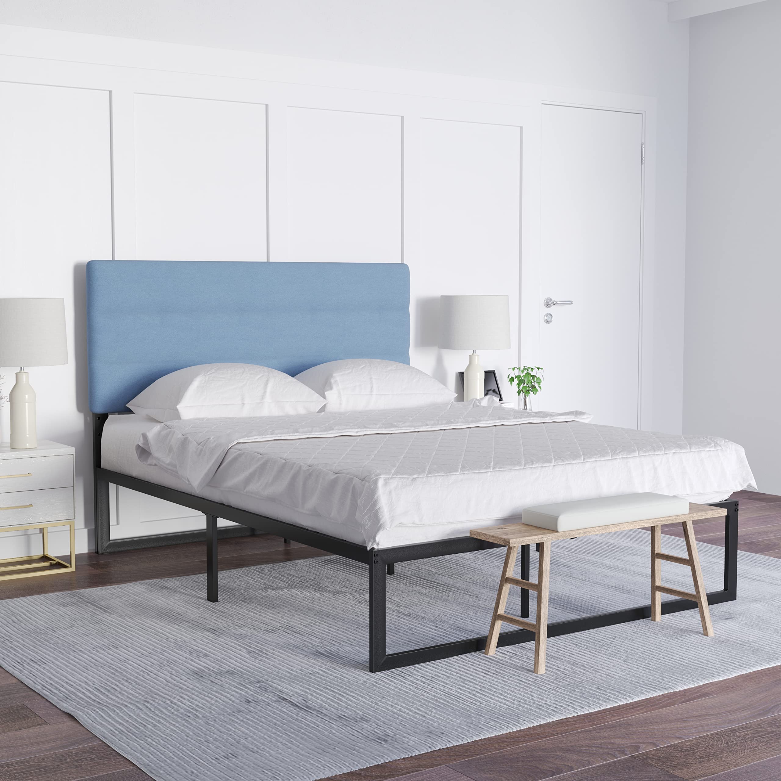 EMMA + OLIVER Gannon Queen Upholstered Headboard - Blue Fabric Adjustable Height Bed Frame Headboard - Easy 30-Minute Assembly - Fits Most Standard Bed Frames (Not Included) - Perfect for Master Bedroom, Guest Room & Apartment Decor