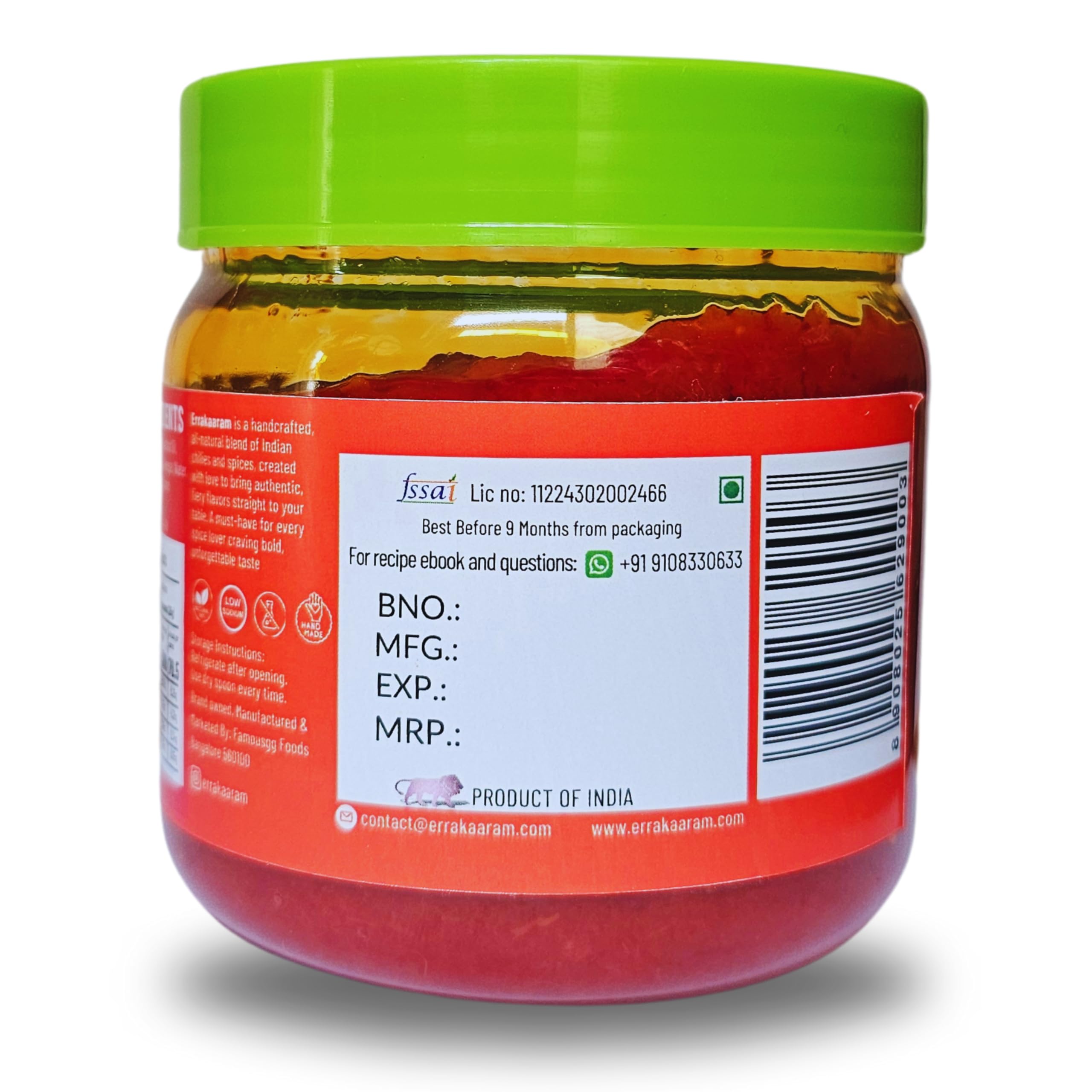 Errakaaram Fresh Spicy Indian Chutney - No Preservatives | Perfect for Idli, Dosa, Paratha & Snacks | Great as Side Dish, Spread, Dip or Stir-Fry Sauce | 250g | Authentic Indian Flavor for Rice Dishes & Meals