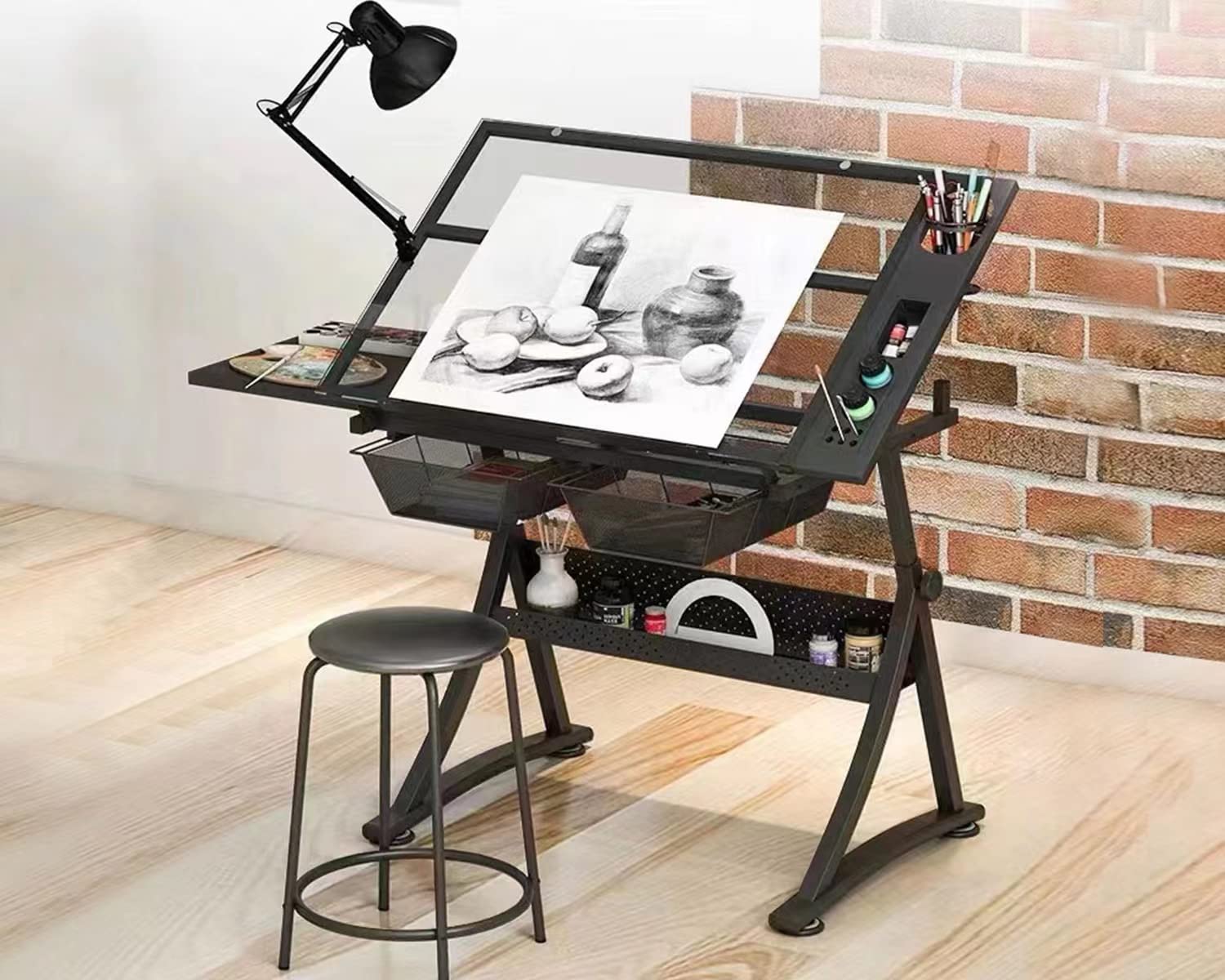 Professional Adjustable Glass Drafting Table - Art Drawing Desk with Glass Top for Artists, Crafters & Designers - Perfect for Studio, Home Office & School Use - Includes Drawers & Chair - Black