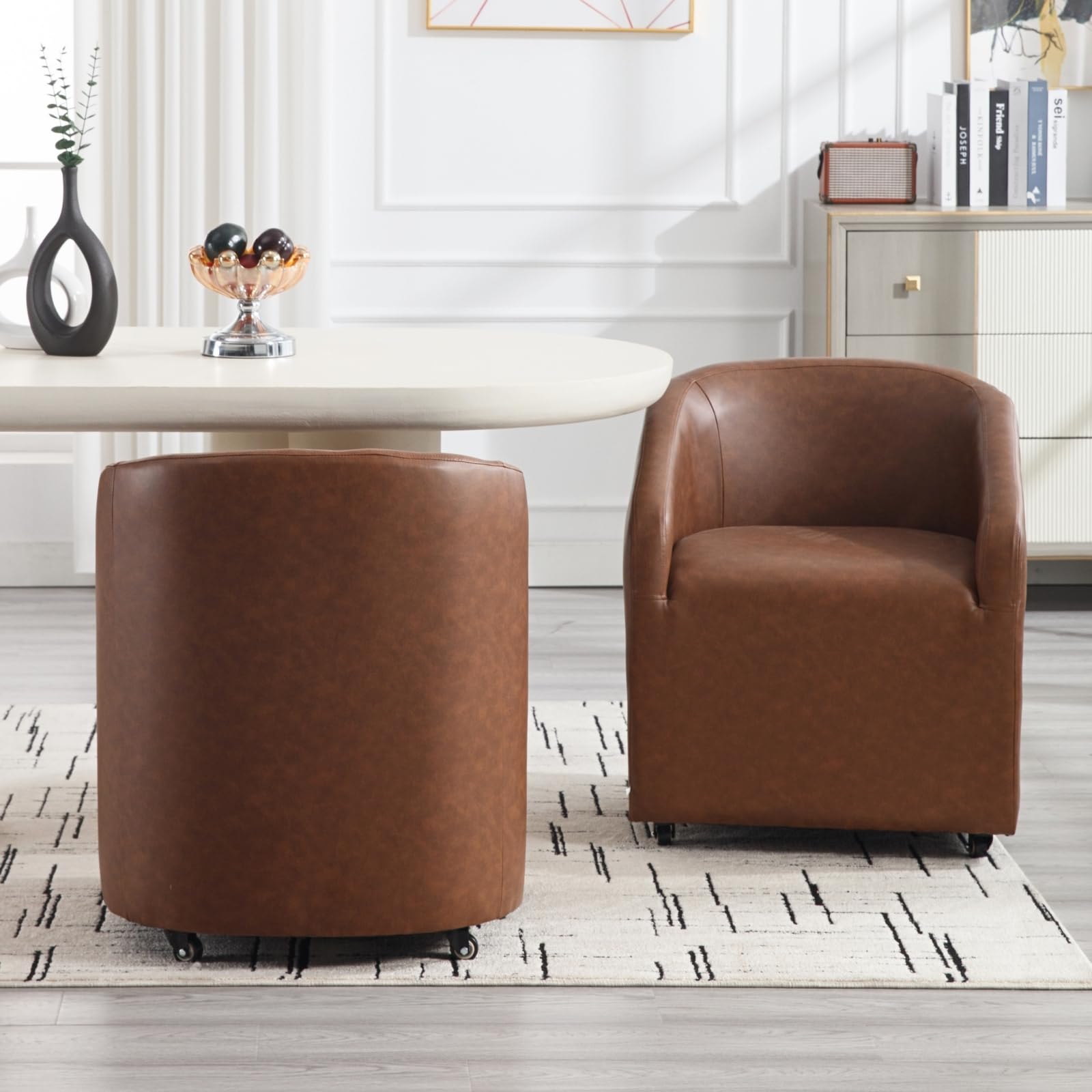 Modern Swivel Barrel Dining Chairs Set of 2 - PU Leather Upholstered Kitchen Counter Stools with Casters - Accent Side Chairs for Dining Room, Living Room & Home Office - Brown (Perfect for Breakfast Nooks, Kitchen Islands & Small Space Dining)