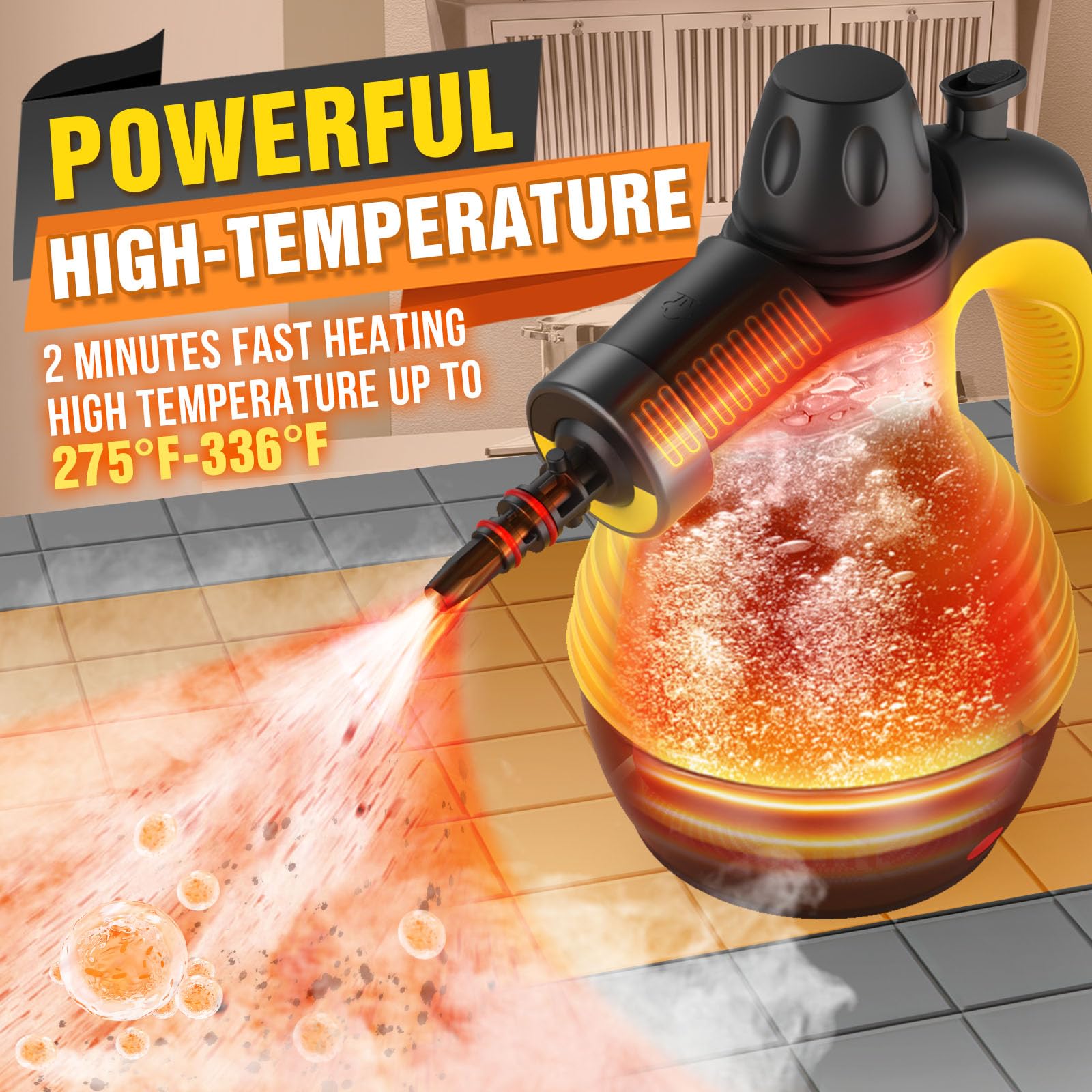Handheld Pressurized Steam Cleaner with 9-Piece Accessories Kit - Multi-Surface Steamer with Safety Lock & 12.8oz Large Water Tank - Perfect for Upholstery, Grout, Floors, Cars & Home Cleaning - Ideal for Deep Cleaning Kitchens, Bathrooms, Garages & Auto Detailing