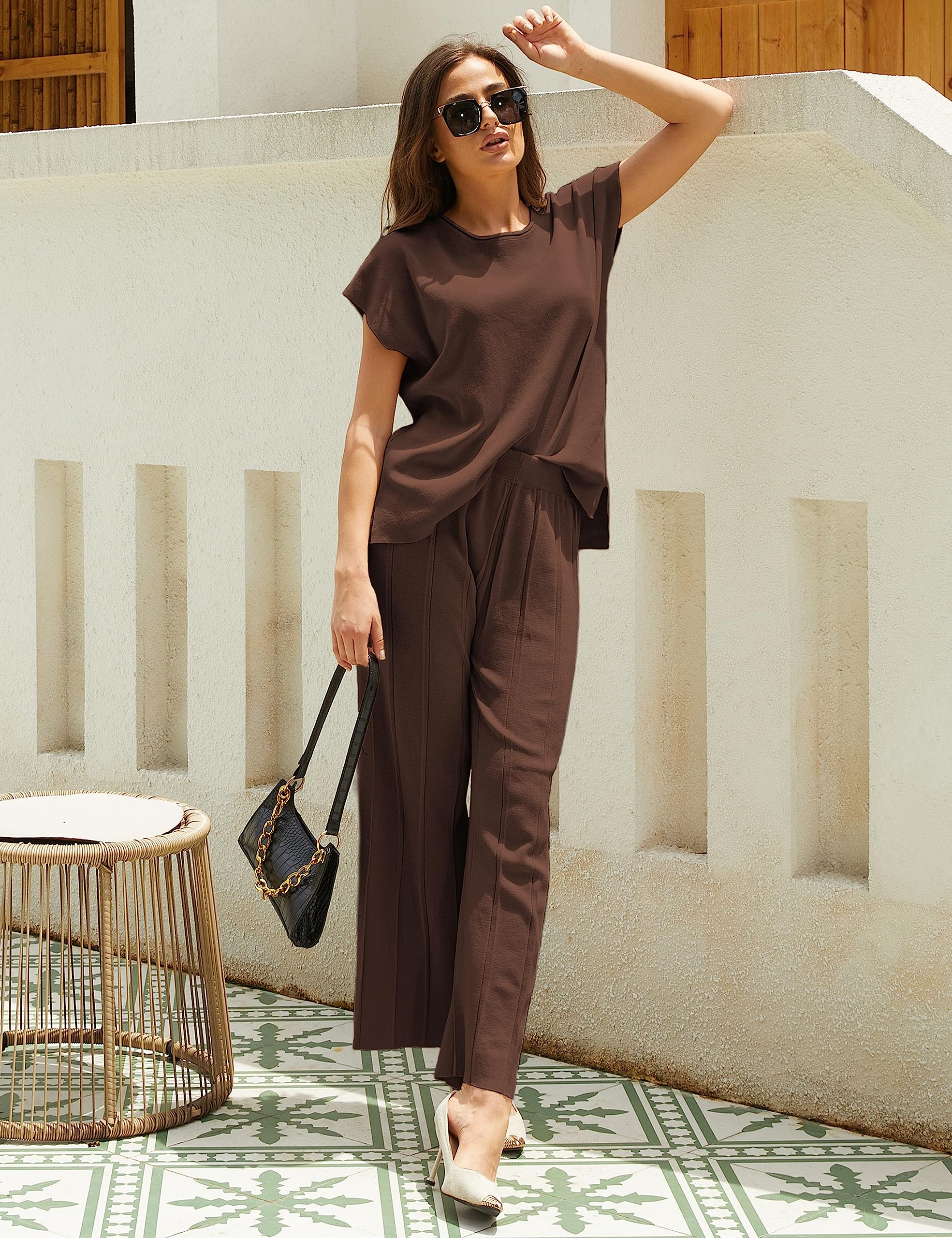 Women's Knit Sweater and Pants Set - Cozy Pullover Top & High Waist Wide Leg Lounge Pants for Casual Wear, Loungewear, and Home Comfort