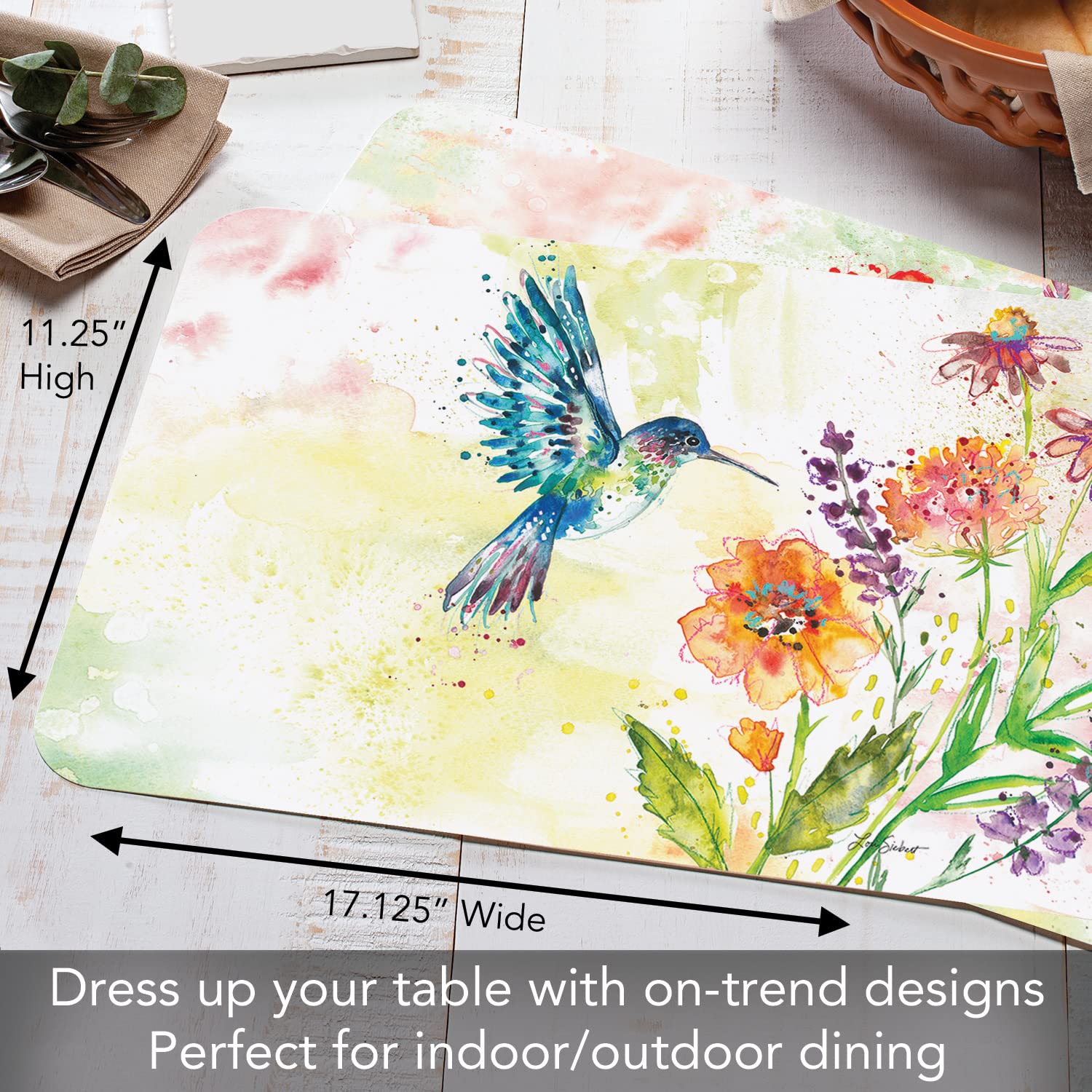 CounterArt Hummingbird Fanciful Flight 4-Pack Reversible Placemats | BPA-Free PVC-Free Flexible Plastic | Easy-Care Wipe Clean | Made in USA | Perfect for Dining Tables, Kitchen Countertops & Outdoor Entertaining