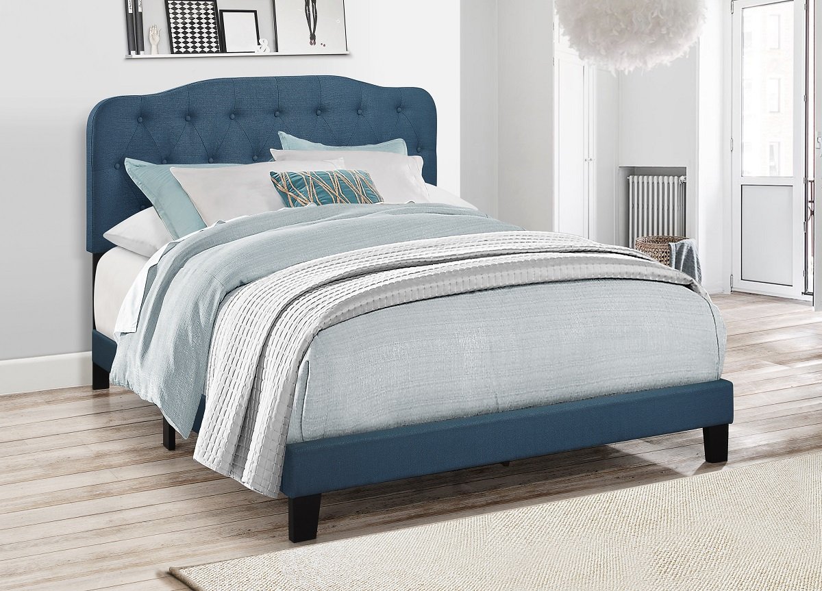 Carmel Upholstered King Size Bed in Blue - Luxurious Fabric Headboard for Master Bedroom Decor | Modern Bed Frame with Soft Padding for Ultimate Comfort
