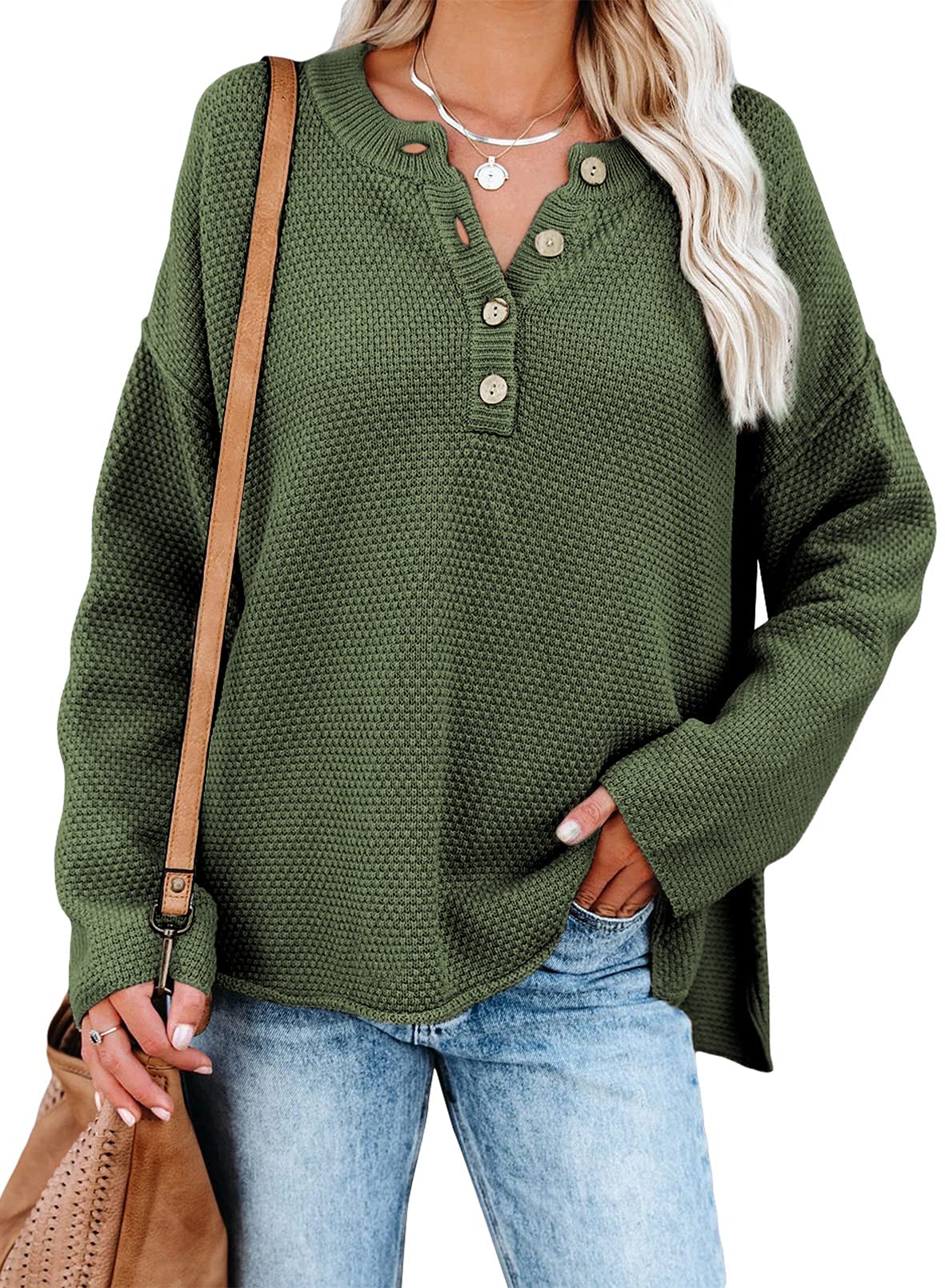 SHEWIN Women's Waffle Knit V-Neck Sweater Long Sleeve Button Henley Pullover Top - Casual Loungewear, Fall Layering & Coffee Date Outfit