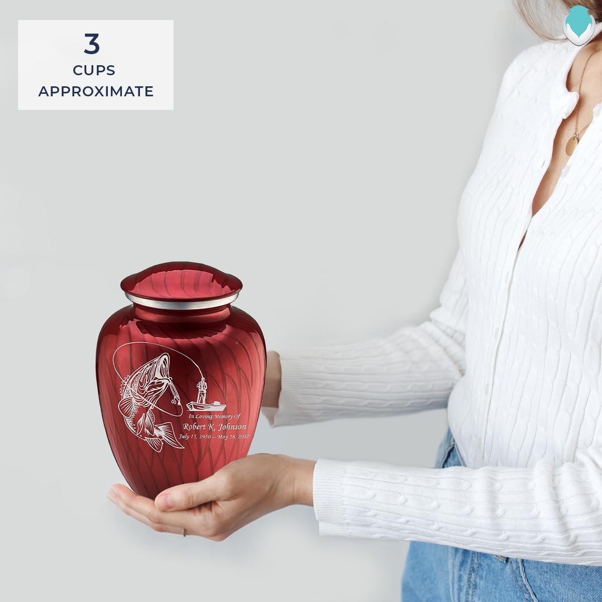 Personalized Fishing Cremation Urns for Ashes - Pearl Candy Red Funeral Urn with Double Side Engraving for Men & Women (44 lbs) | Memorial Keepsake for Anglers, Perfect for Home Display or Scattering Ceremonies
