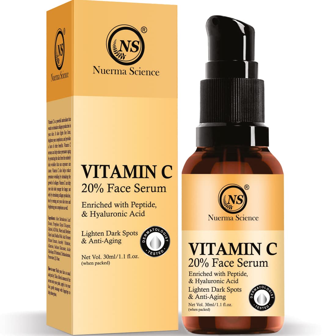 Nuerma Science 20% Vitamin C Serum with Hyaluronic Acid & Vitamin E - Dark Spot Corrector, Anti-Aging Face Serum for Brighter Skin, Reduces Pigmentation & Wrinkles (30ml) - Perfect for Morning Skincare Routine & Night Treatment