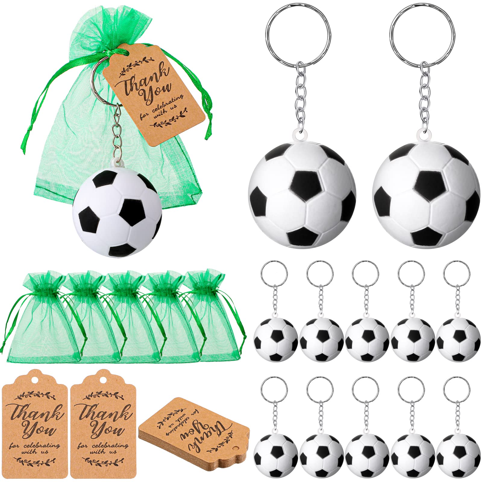 60-Piece Soccer Party Favor Kit - 20 Soccer Keychains, 20 Green Mesh Drawstring Bags & 20 Thank You Tags - Perfect for Kids Birthday Parties, Team Celebrations & Soccer Themed Events