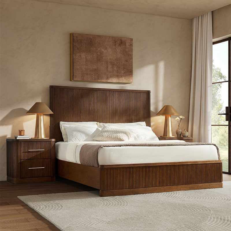 Modern Fluted Solid Wood Bedroom Set with Oak Texture - 3 Piece Queen Size Bed, Nightstand & Dresser | Elegant Bedroom Furniture for Master Suite, Guest Room & Apartment