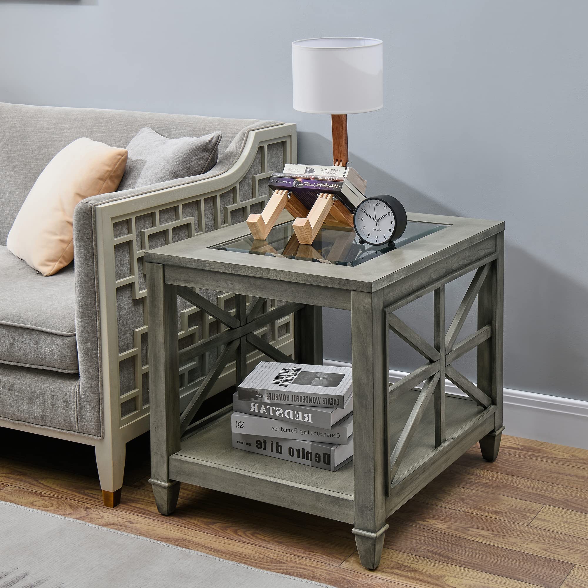 Farmhouse End Table with Storage - Solid Wood Square Side Table for Living Room, Bedroom & Office - Large Coffee Table with Tempered Glass Top in Antique Gray Finish - Perfect for Holding Lamps, Books & Decor