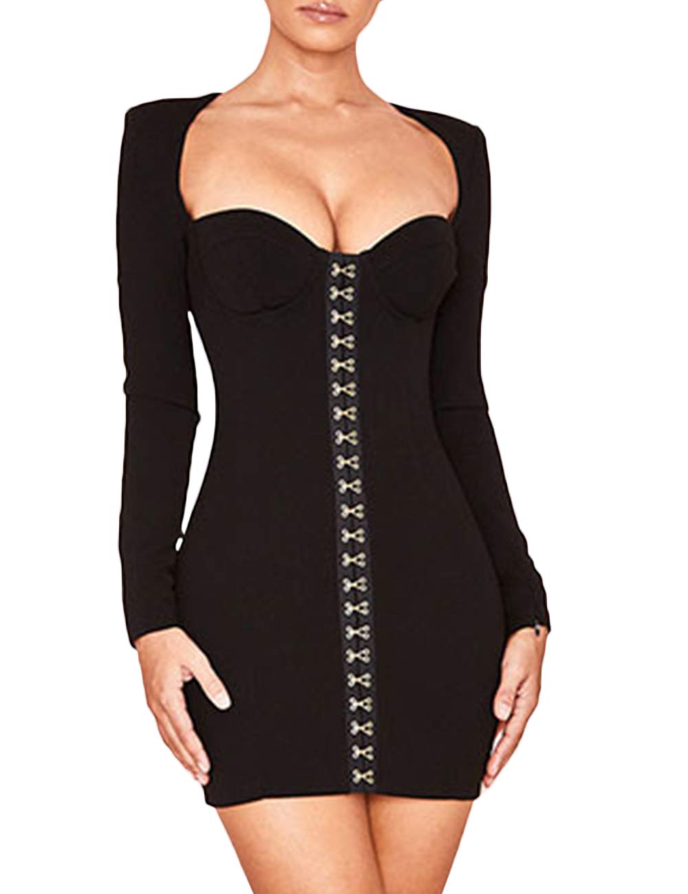 xxxiticat Women's Black Long Sleeve Square Neck Bodycon Dress with Metal Buttons - Elegant Cocktail Party & Formal Mini Dress for Evening Events, Night Out, and Special Occasions