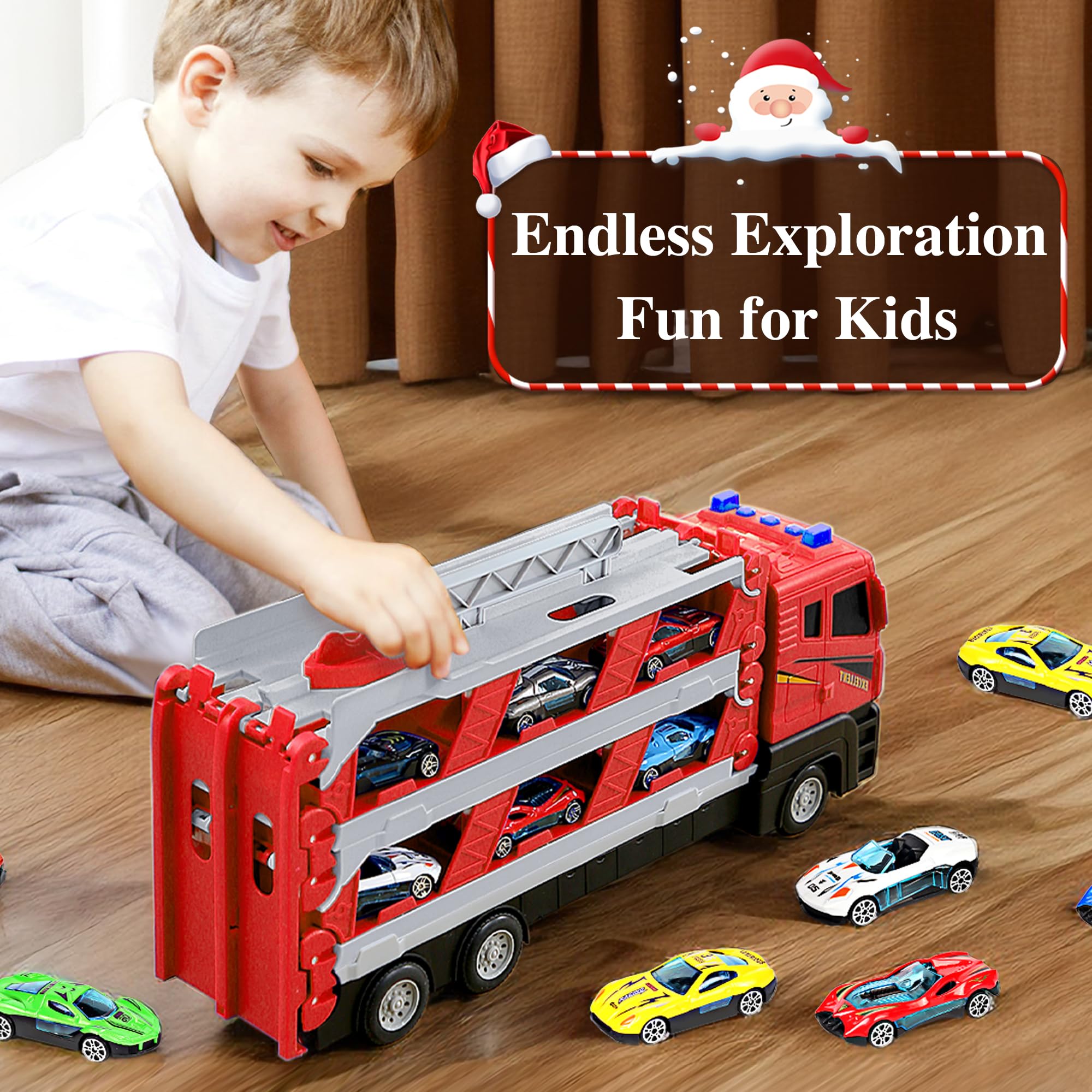 Mega Hauler Truck with Ejection Race Track - 7-in-1 Transformer Toy Truck with 6 Metal Race Cars, Music & Lights - Best Gift for Boys & Girls Ages 4-13 - Perfect for Indoor Play, Birthday Parties & STEM Learning