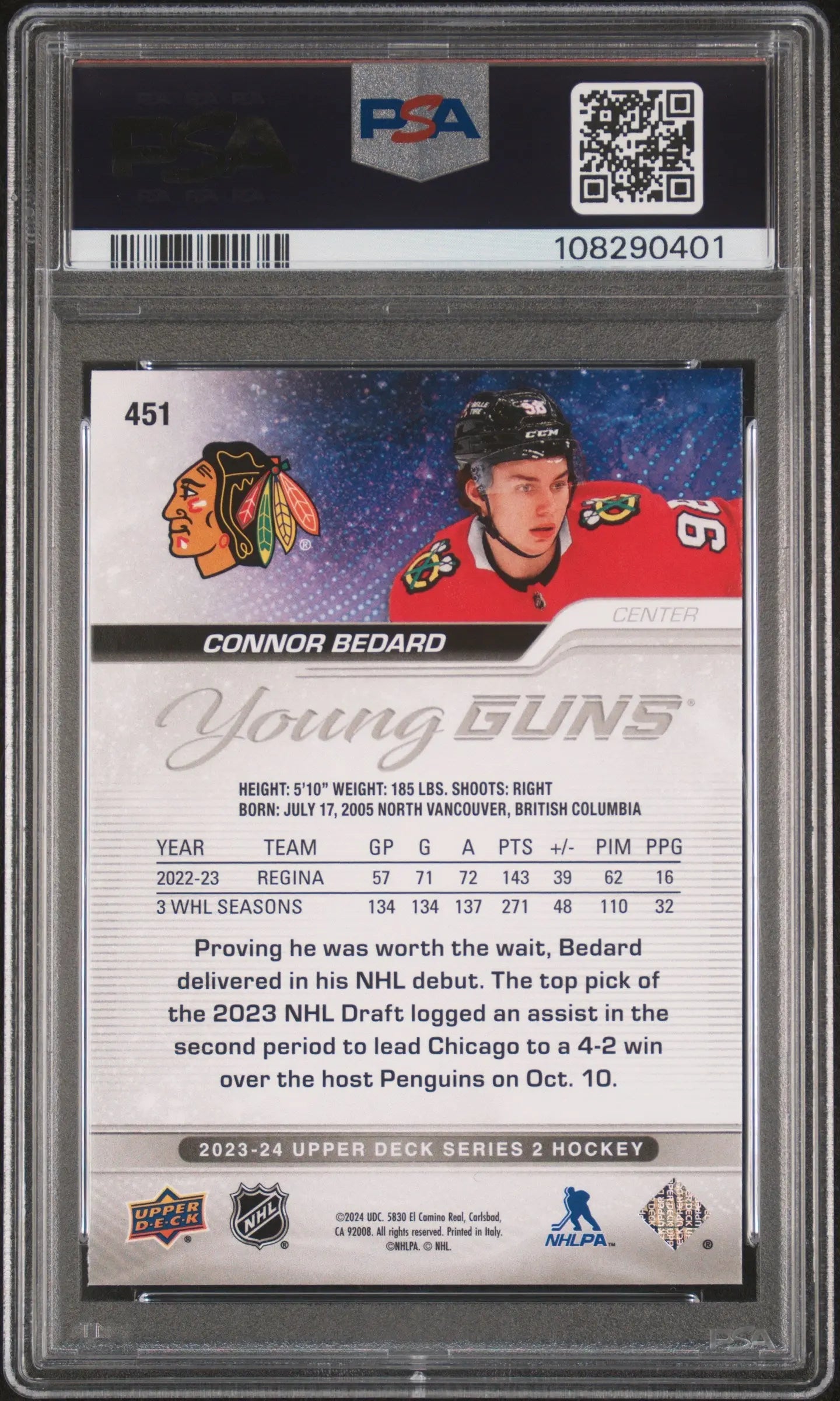 2023-24 Upper Deck Series 2 Connor Bedard Young Guns Rookie Card PSA 9 Mint - Perfect for Hockey Collectors & Sports Memorabilia Enthusiasts