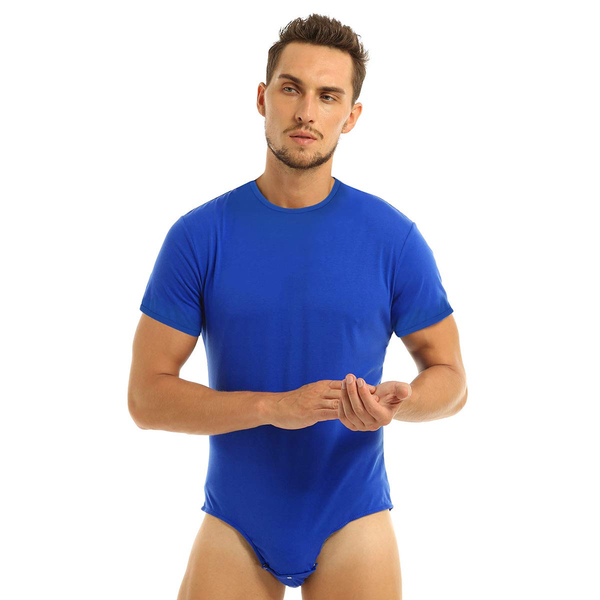 dPois Men's Button Crotch Thong Bodysuit - Short Sleeve Lingerie Pajamas for Sleepwear & Sensual Wear | Comfortable Stretch Fabric for Nighttime & Intimate Moments