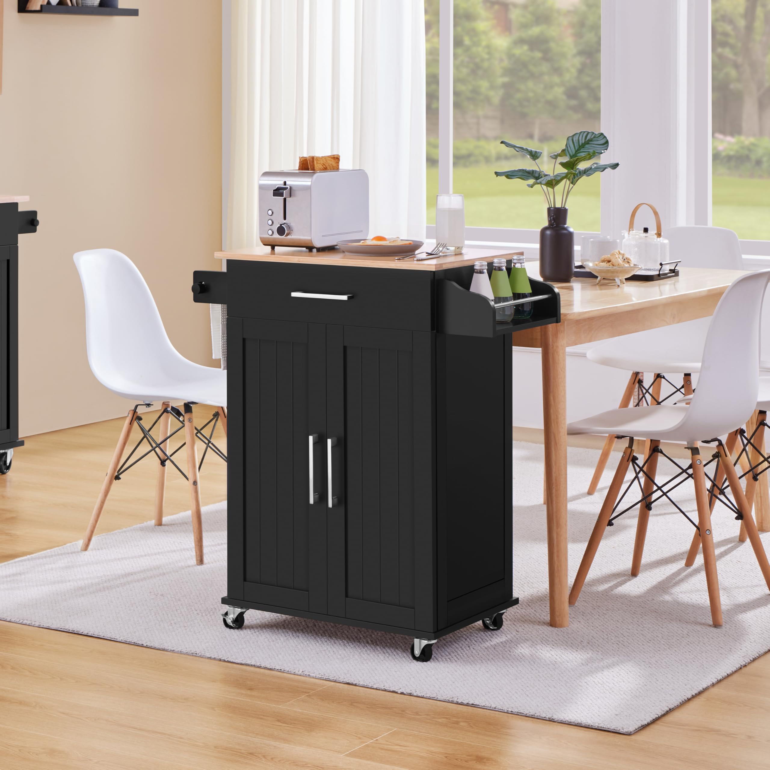 Yaheetech Mobile Kitchen Island with Storage Cabinet, Rolling Kitchen Cart with Bamboo Top, Drawer & Spice Rack - Microwave Stand for Small Spaces, Black | Perfect for Apartment Cooking & Dining Room Organization