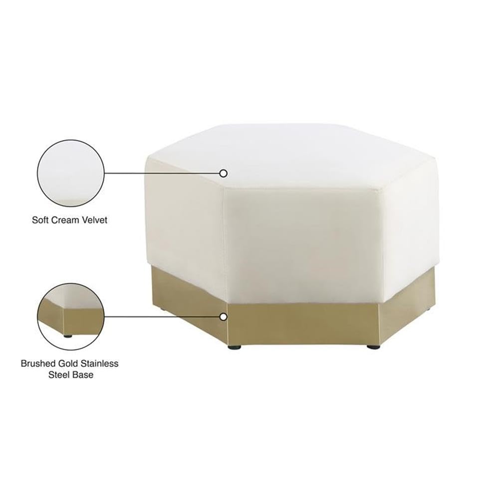 MAKLAINE Modern Velvet Ottoman with Stainless Steel Base in Cream & Brushed Gold - Luxury Footstool for Living Room, Bedroom, or Office Decor