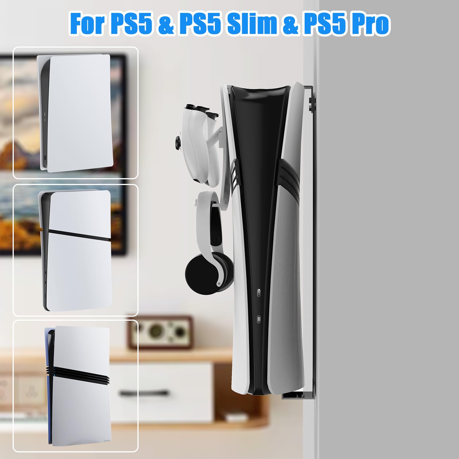 ACESHOP PS5 Wall Mount - Heavy Duty Steel Bracket for PS5/PS5 Slim/PS5 Pro Console with Controller Holder & Headset Stand (Black) - Perfect for Gaming Room Organization & Space Saving Setup